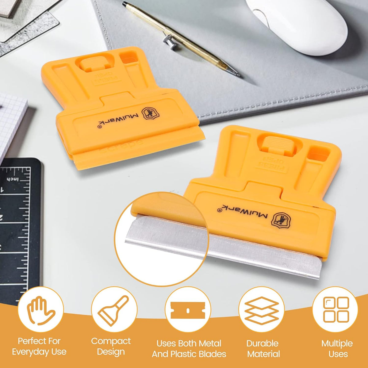 MulWark Razor Blade Scraper Tool Set, 3-Piece with 30 Replacement Blades - Heavy-Duty Cleaning
