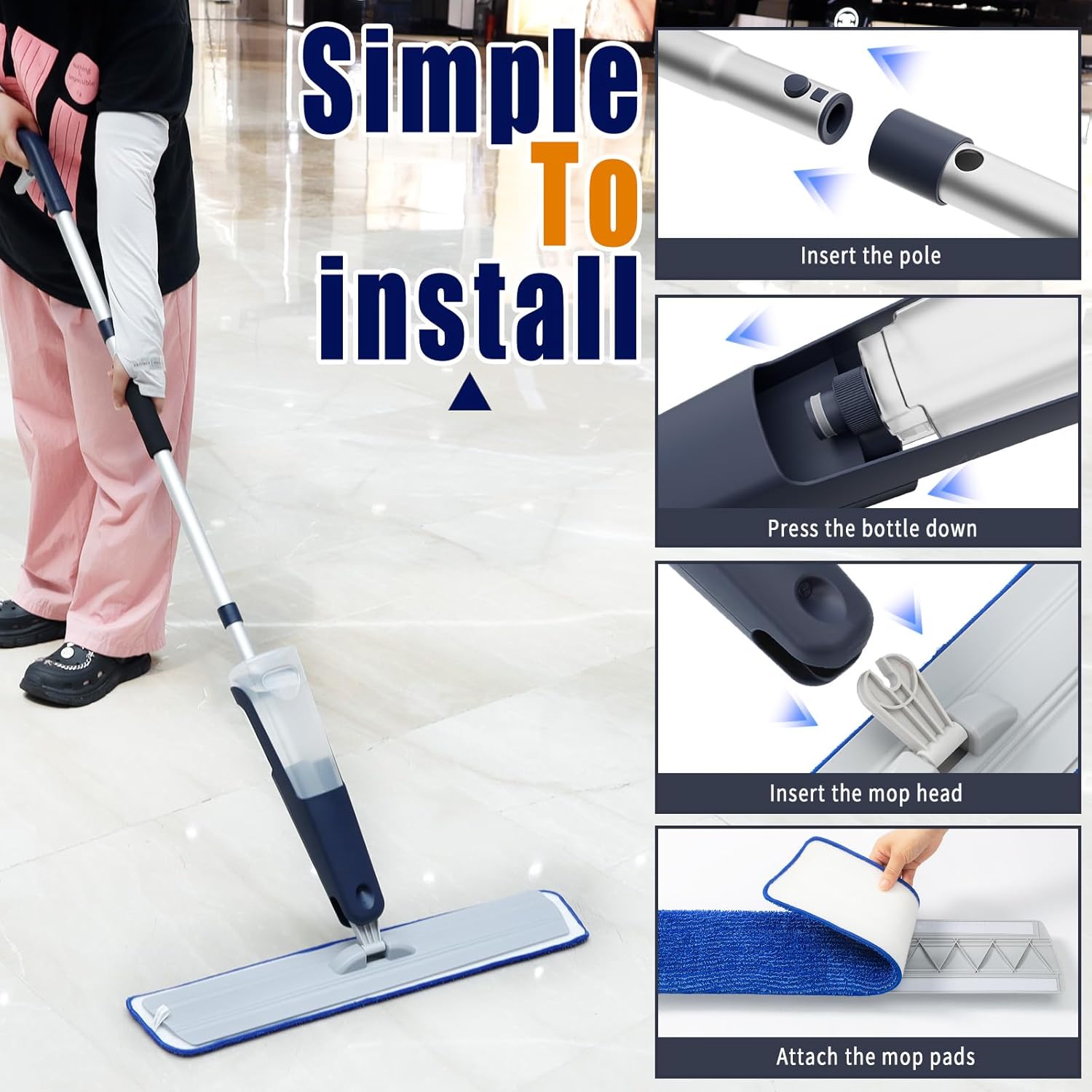 24" Microfiber mop for Floor Cleaning System, Commercial Heavy-Duty Wet Dry mops with Spray Mode