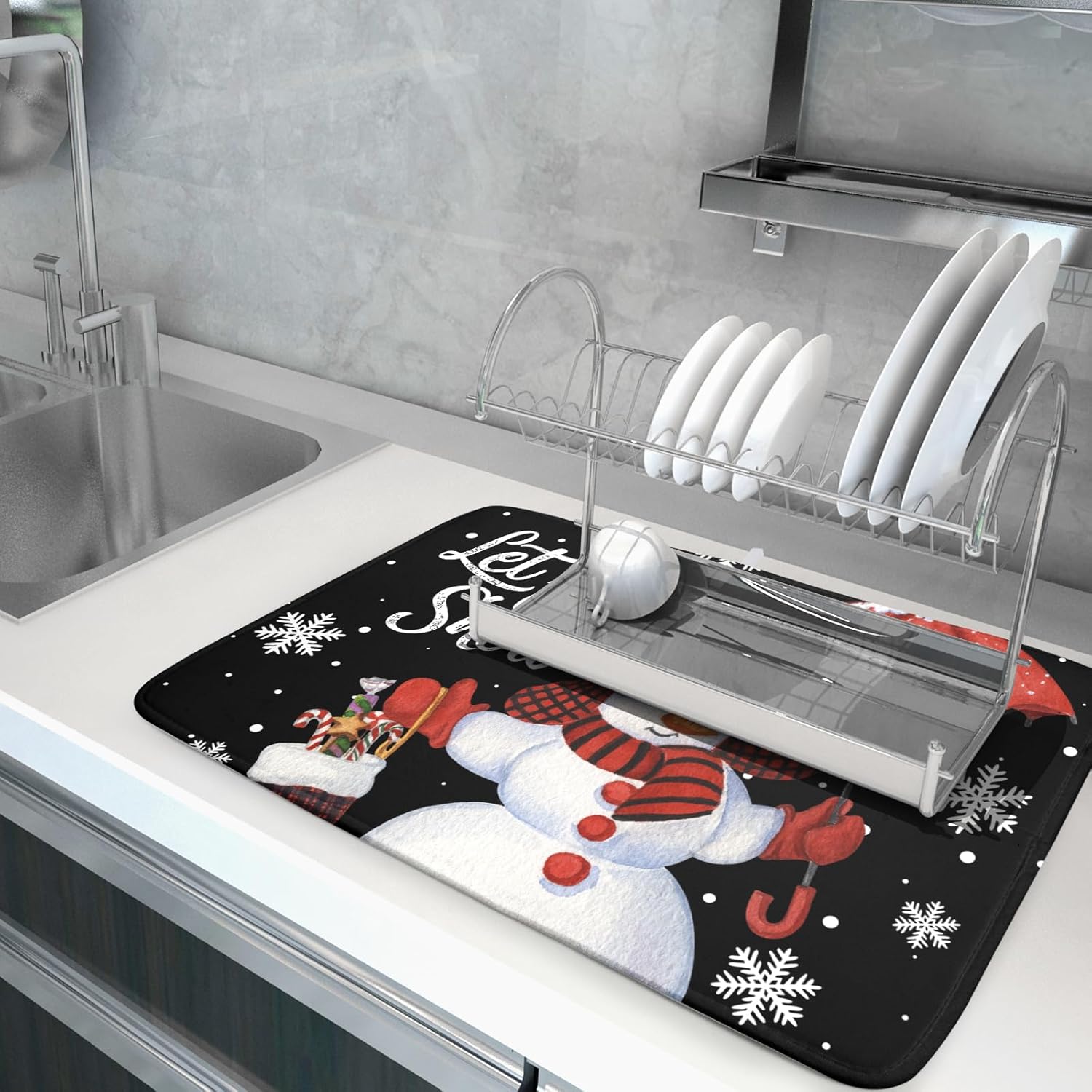 Black Snowman Dish Drying Mats for Kitchen Counter, Winter Snowflake Dish Mat Absorbent Reversible