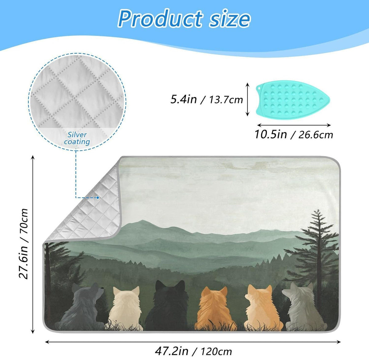 Cute Wolves Back and Green Mountain Ironing Mat Thickened Ironing Blanket Travel Portable