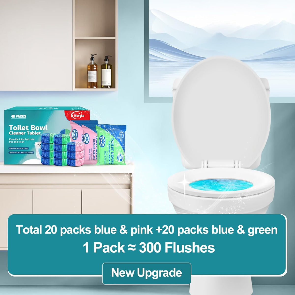 Toilet Bowl Cleaner Tablets 40 Packs, Two Colors Toilet Bowl Cleaners with Sustained-Release
