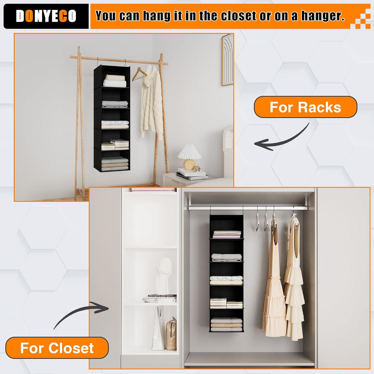 Hanging Closet Organizer and Storage 5-Shelf, Easy Mount Foldable Hanging Closet Wardrobe Shelves