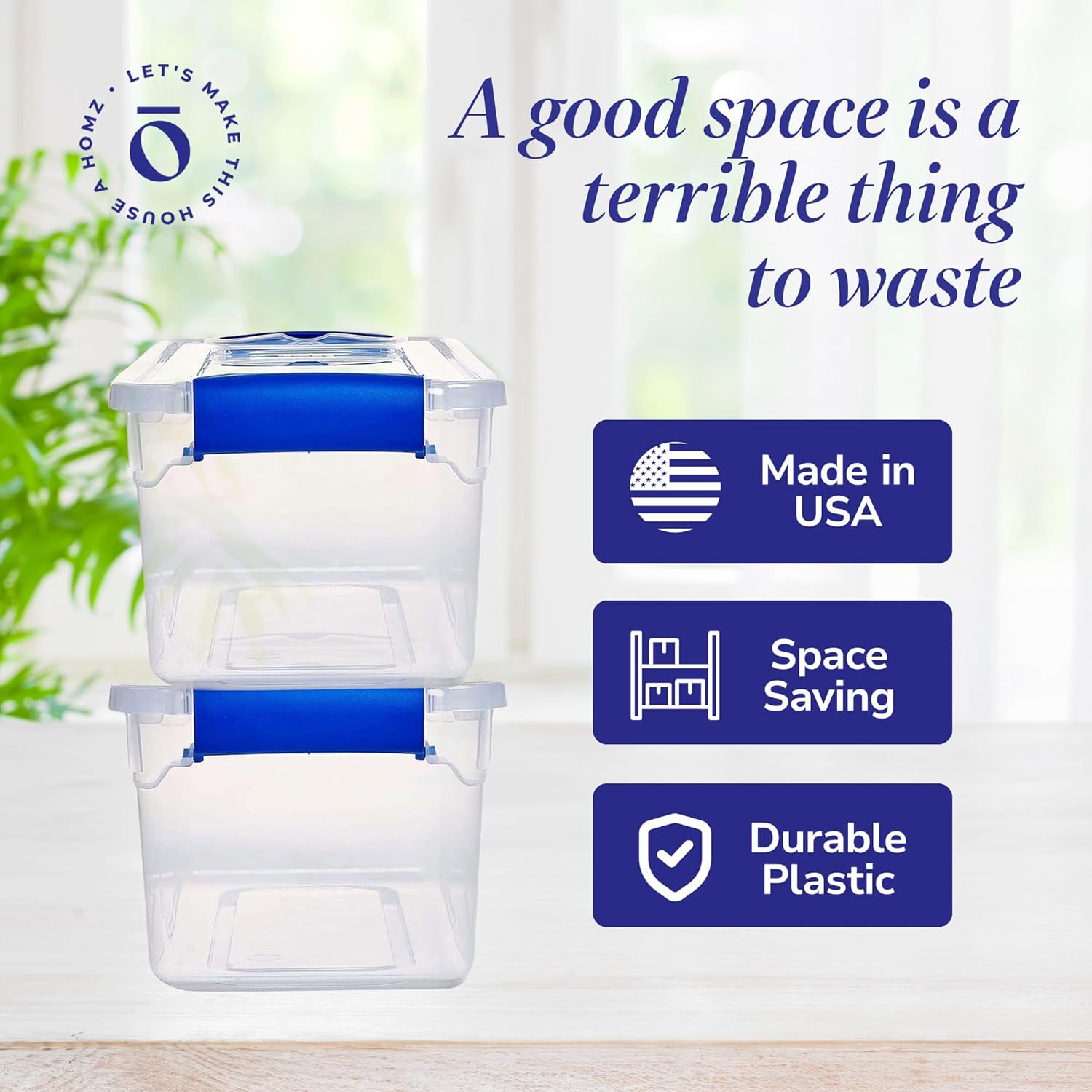 HOMZ 5-Pack Latching Lid, Clear Plastic Storage Organizer Bins, 7.5 Quart, Blue Latch - Stackable