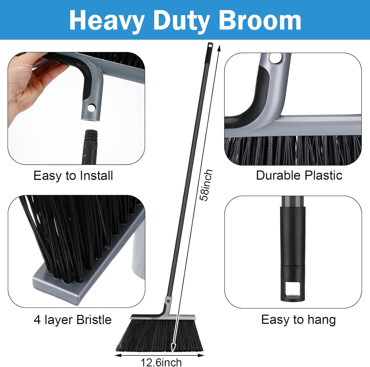 4 Set Broom and Dustpan Set 58 Inch Commercial Broom and Dustpan Combo Set Heavy Duty Lobby Dust