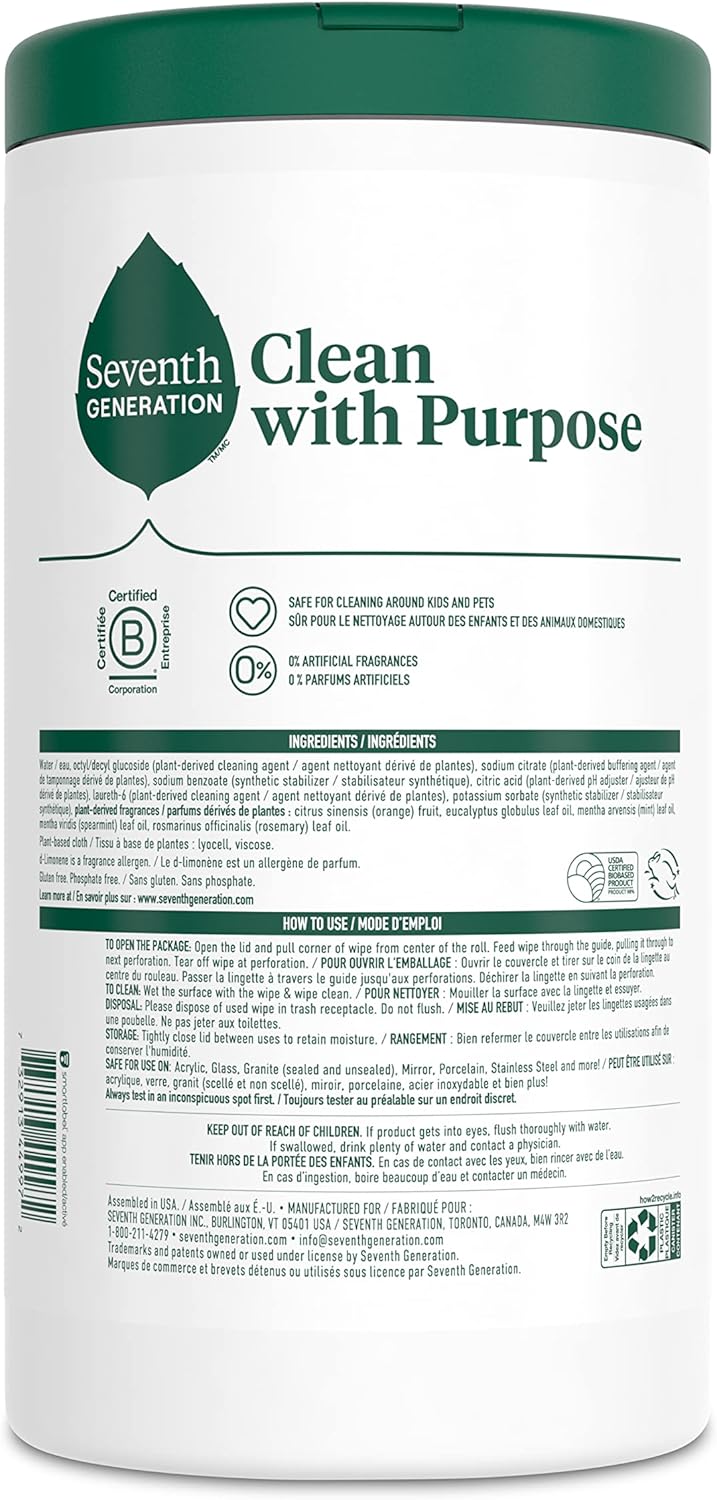 Seventh Generation Multi Purpose Wipes All Purpose Cleaning Garden Mint scent with 100% Essential