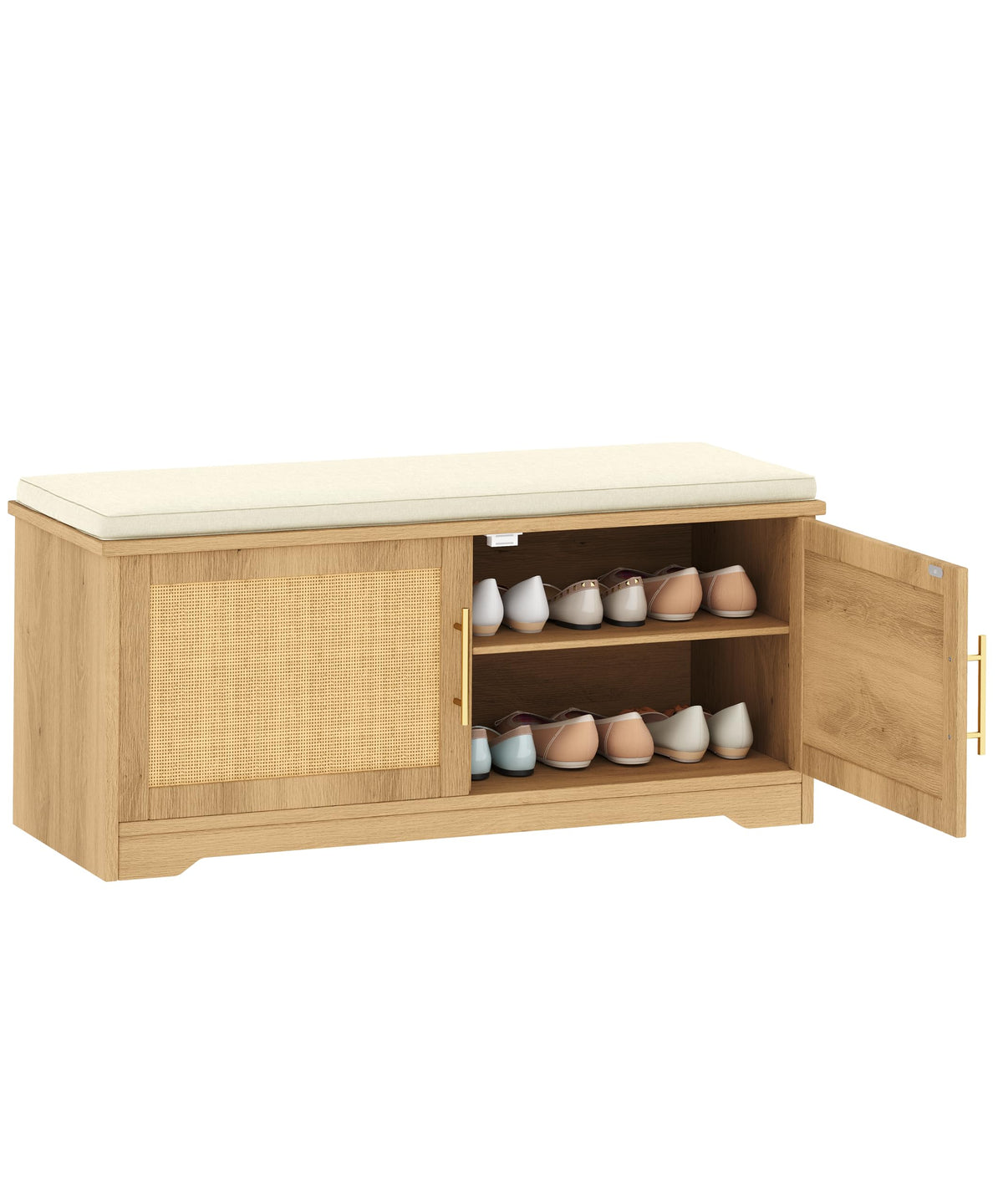 Zeibospri Rattan Shoe Storage Bench, 39.4" Wide Entryway Bench, Natural Oak