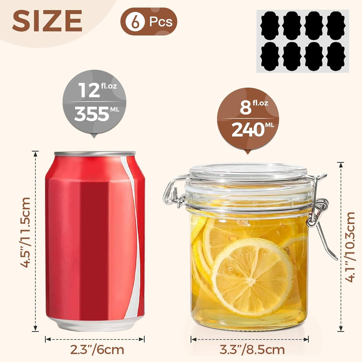 ComSaf 8oz Small Airtight Glass Jars Set of 6 with Lid Food Storage Jar Round, Mini Storage