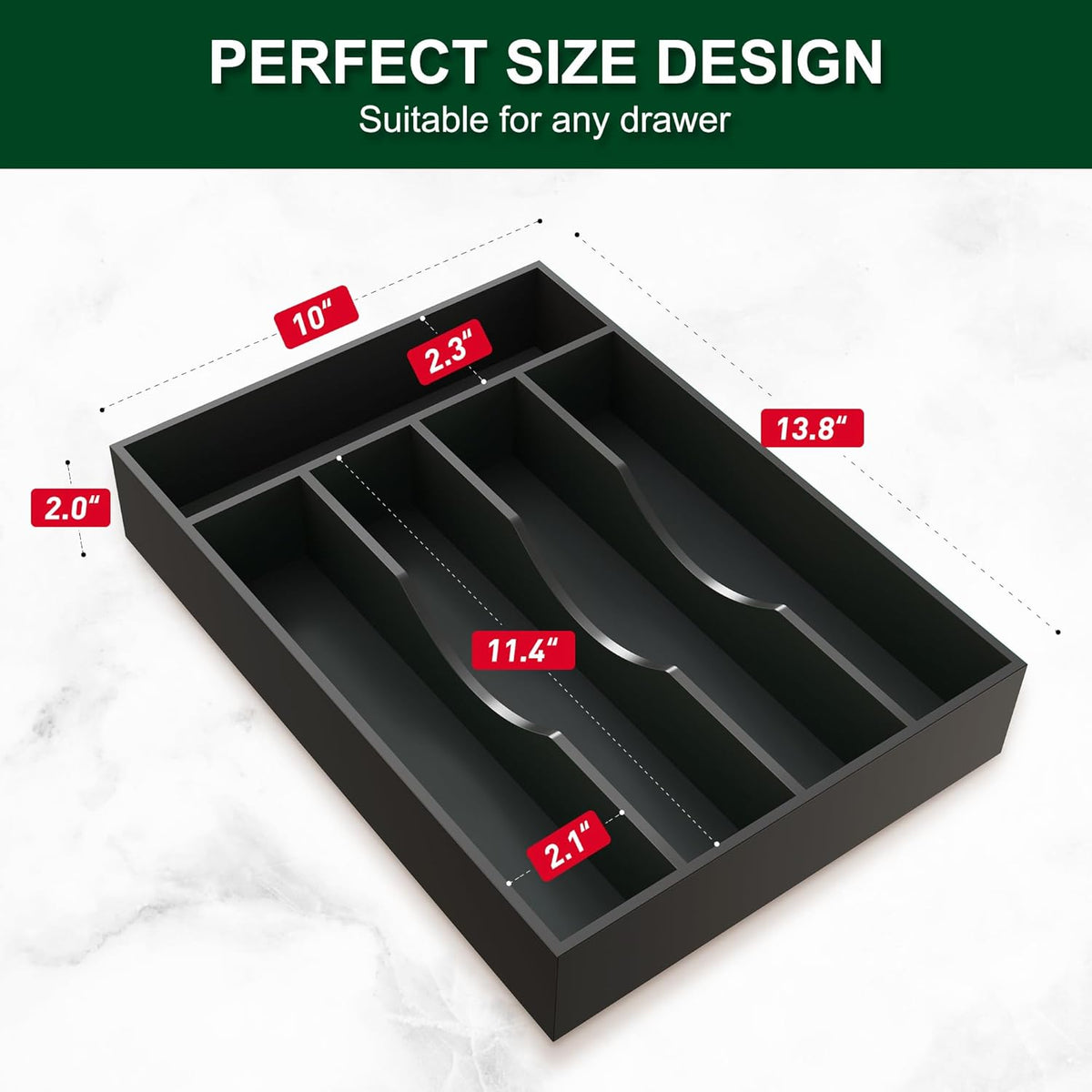 Bellsal Black Utensil Organizer 10 Inch Silverware Tray for Utensil Holder Cutlery Organizer