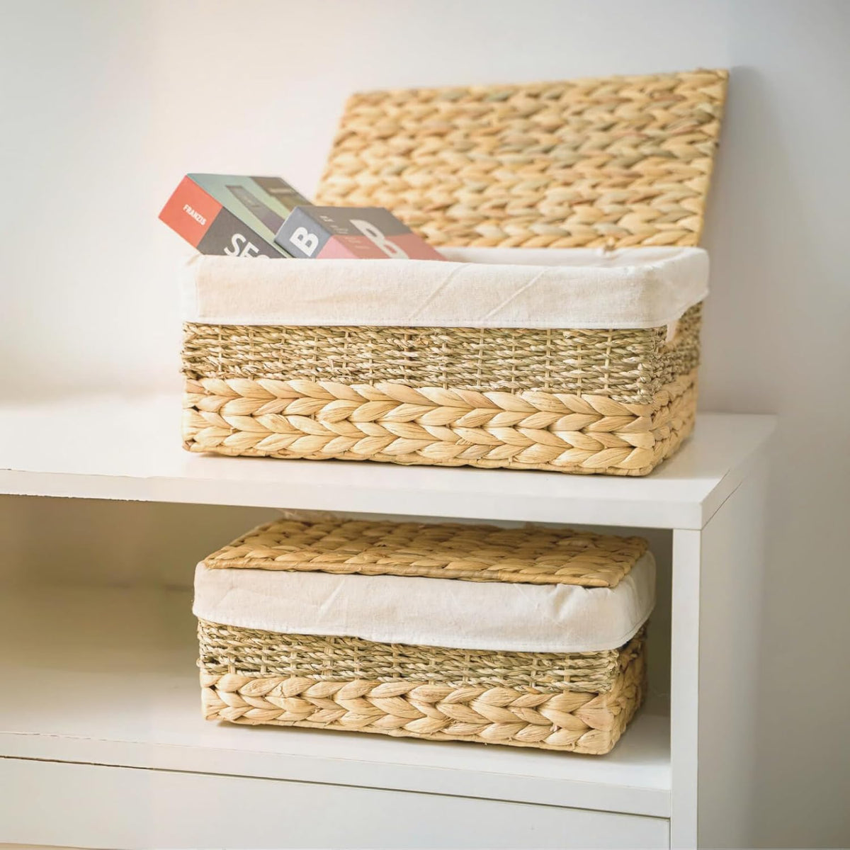 Wicker Storage Baskets with Lid and Lining, Built-in Carry Handles, Set of 2 Handwoven Water
