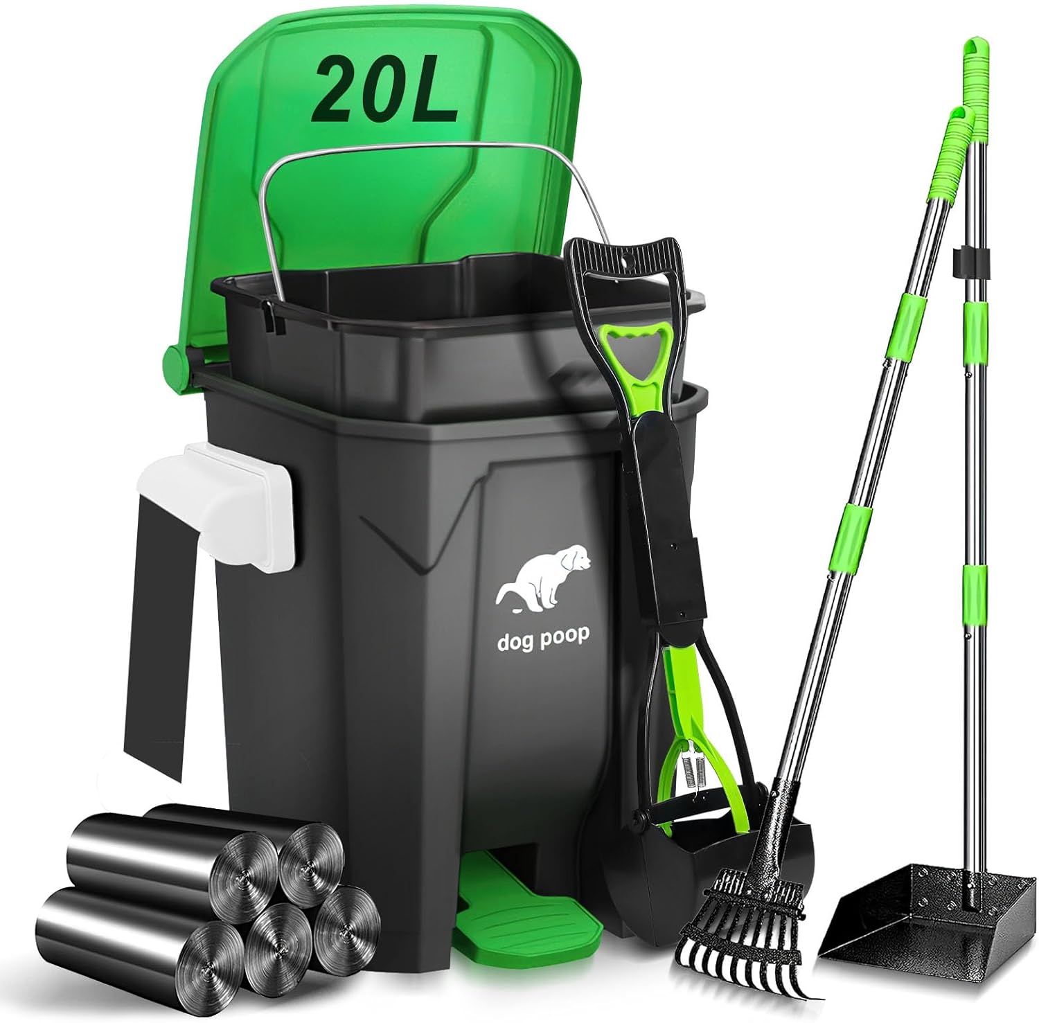 Dog Poop Trash Can Outside with Pooper Scooper and Metal Rake & Tray, 20L/5Gal Dog Waste Trash Can