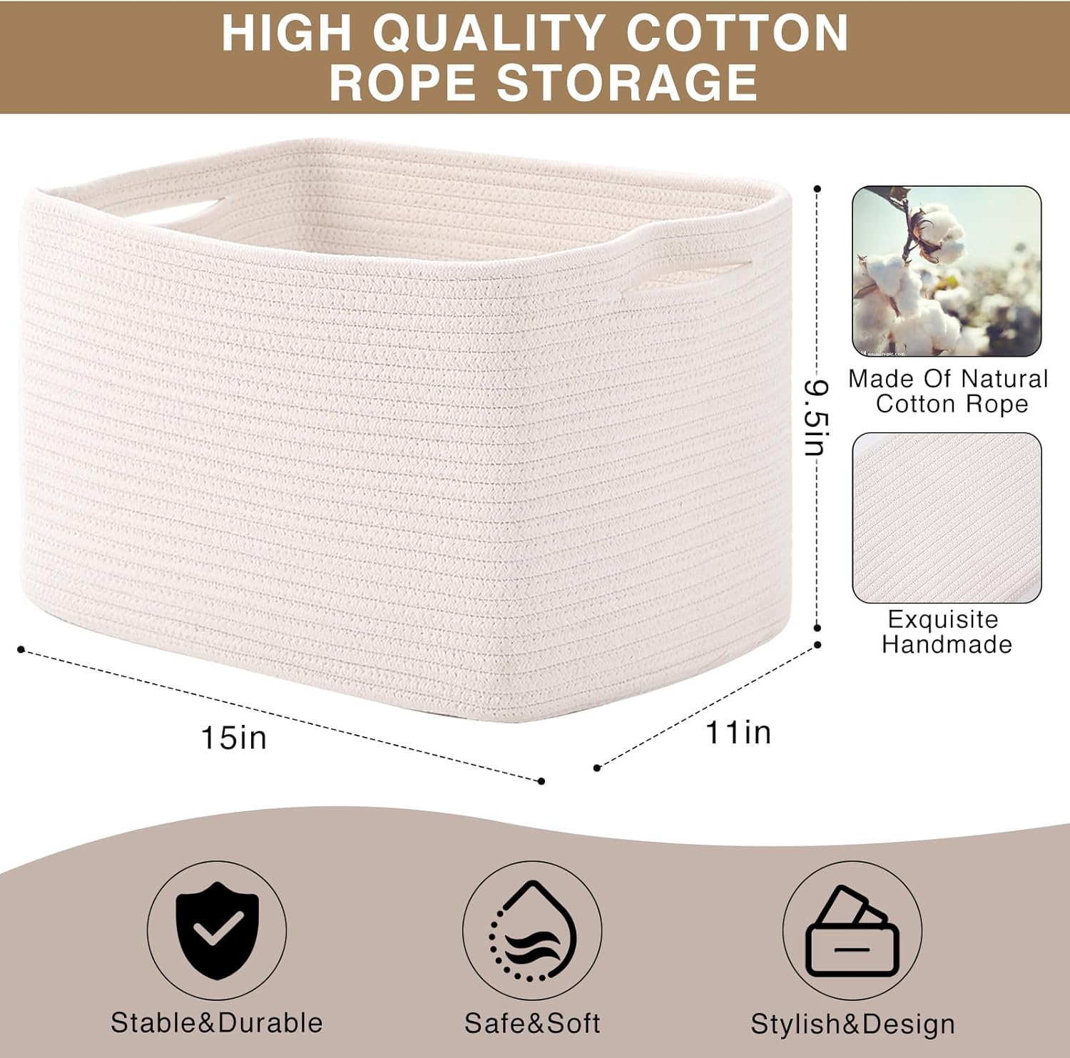 Storage Baskets for Organizing Shelves, Woven Cotton Rope Bins for Baby Nursery Organization, Book