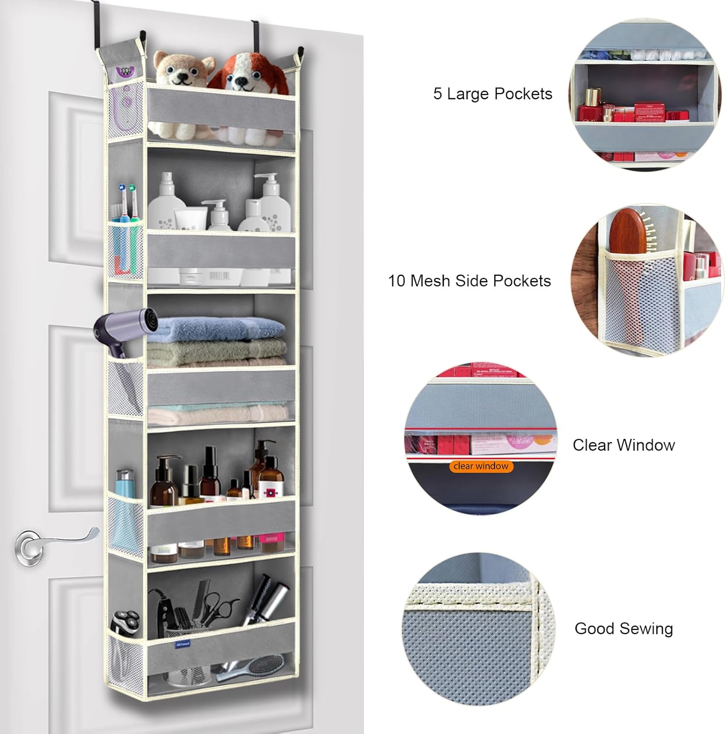 Over The Door Organizer 5-Shelves and 10 Side Pockets, Over The Door Storage for Bathroom Bedroom