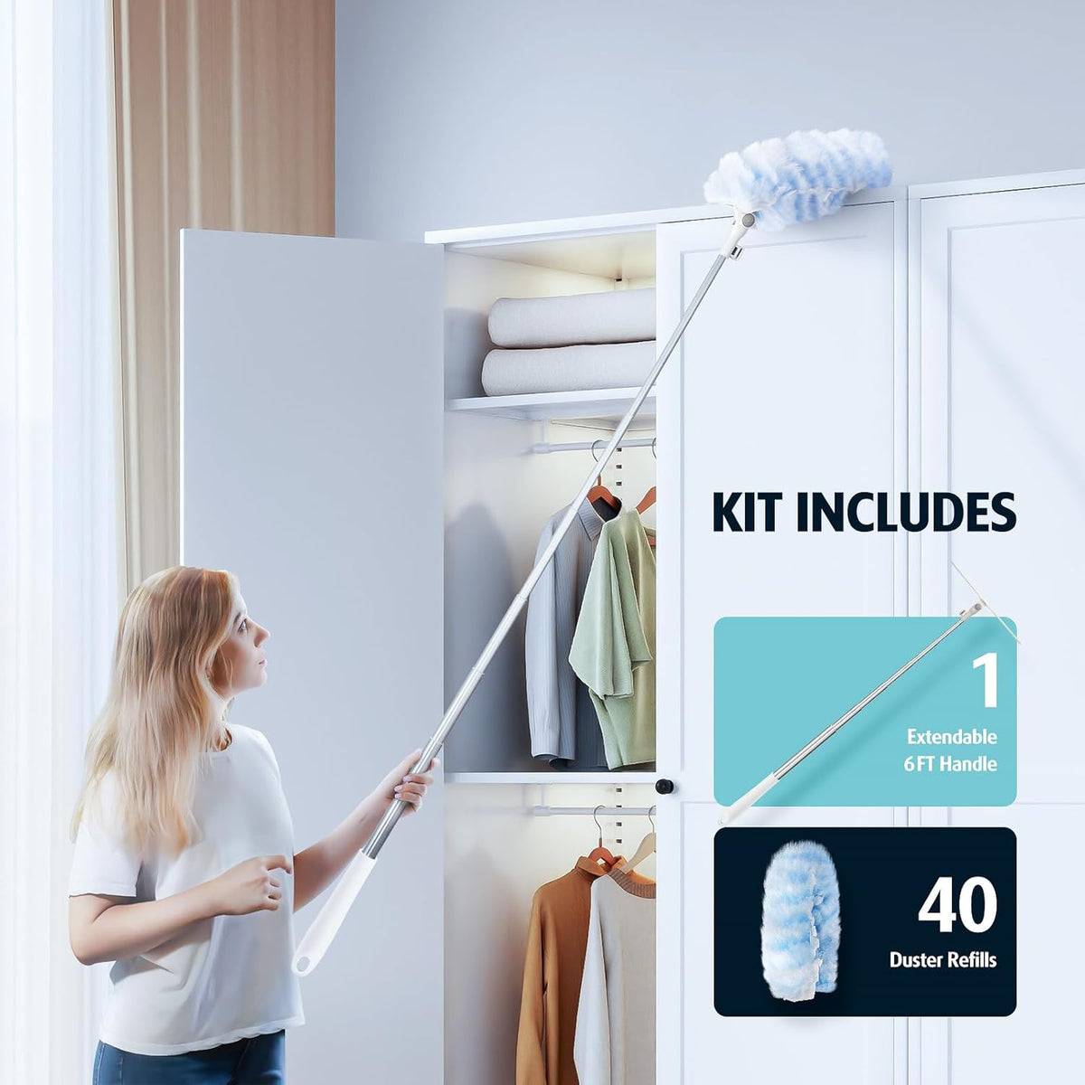 6ft Extendable Duster Handle with 40 Pcs, Compatible with Swiffer Duster, Disposable Microfiber