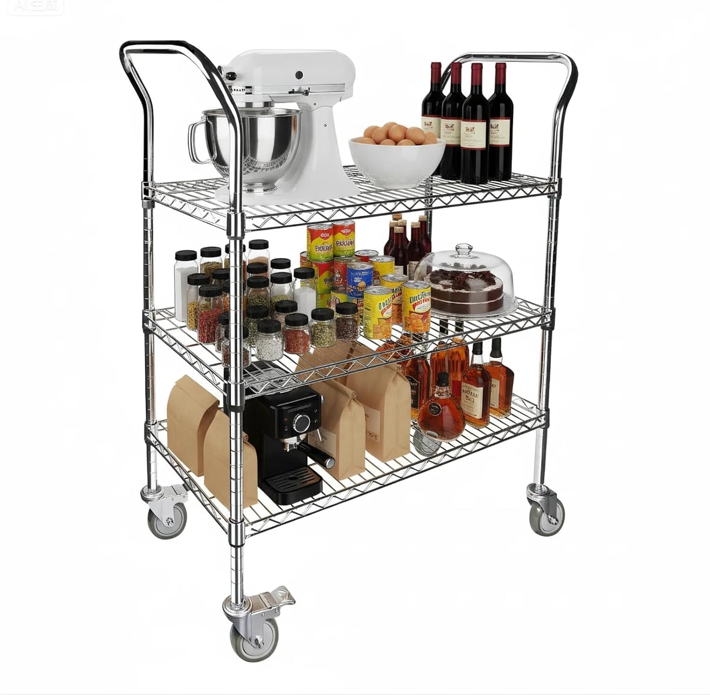 Northsky 3-Shelf Wire Utility Cart on Wheels, Chrome Finish Rolling Metal Shelving with Wheels