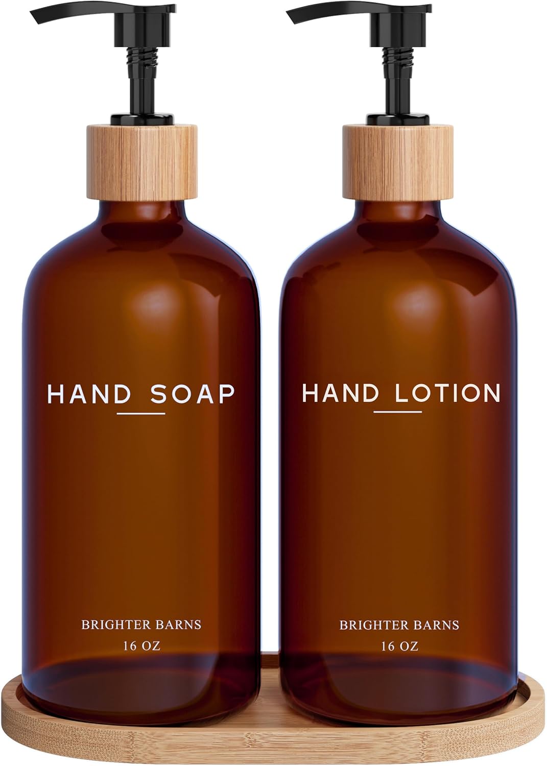 Amber Glass Soap and Lotion Dispenser Set with Tray by Brighter Barns - Hand Soap Dispenser