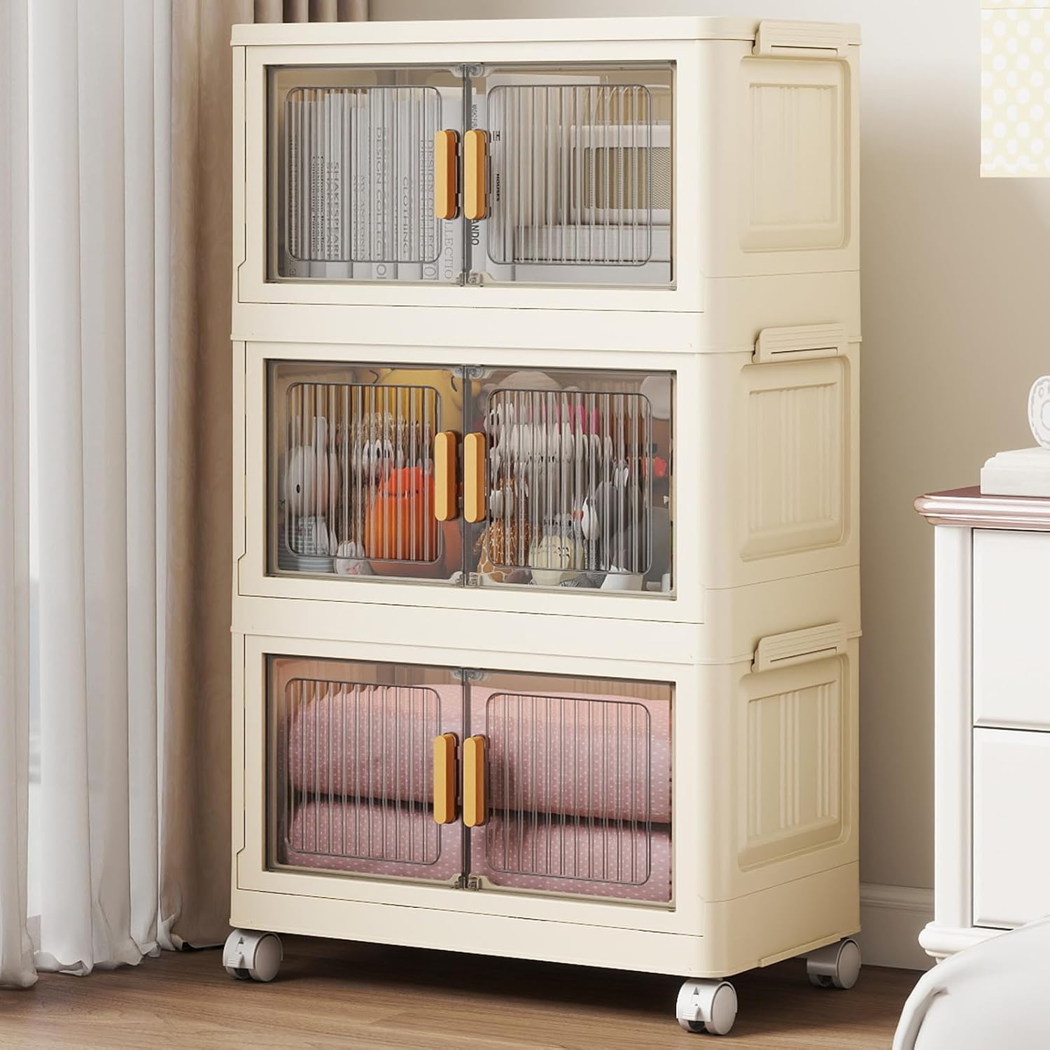 3 Tier Stackable Plastic Storage Bins with Lids 48QT, Collapsible Closet Organizers and Storage