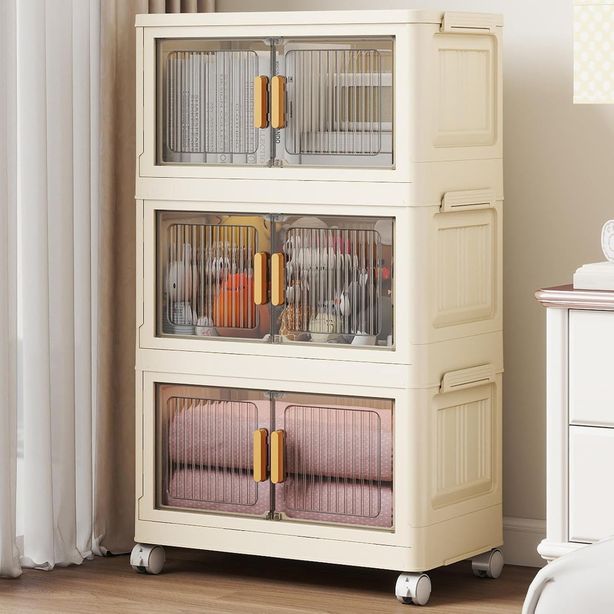 3 Tier Stackable Plastic Storage Bins with Lids 28QT, Collapsible Closet Organizers and Storage