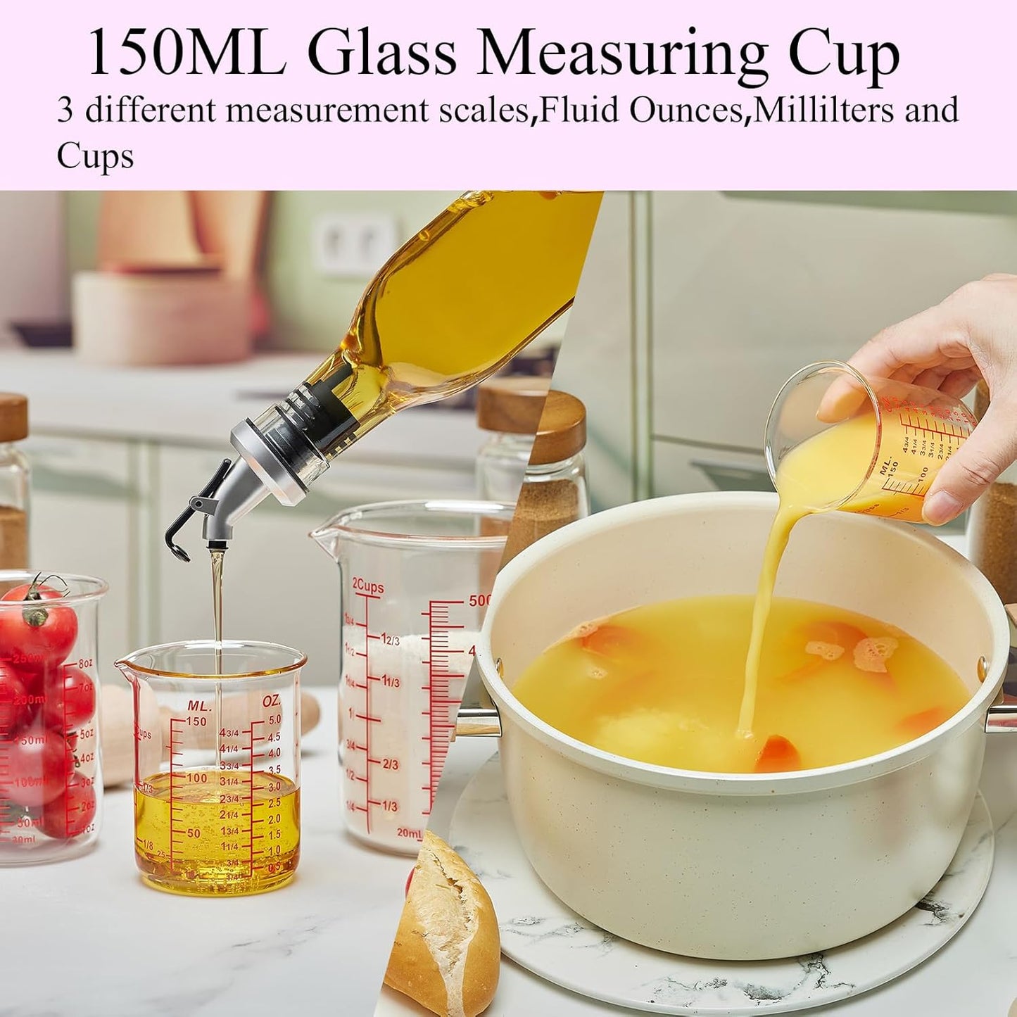 3 Piece Glass Measuring Cup Set, Includes 1/2-Cup, 1-Cup, and 2-Cup High Borosilicate Glasss Liquid