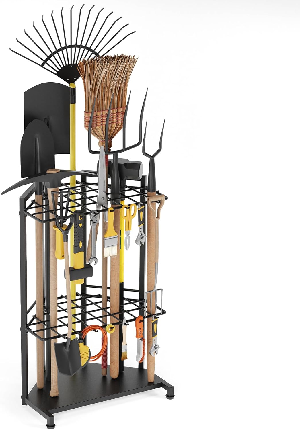 Garden Tool Organizer for Corner - Heavy Duty Metal Rack with 34 Storage Compartments & 14 Hooks
