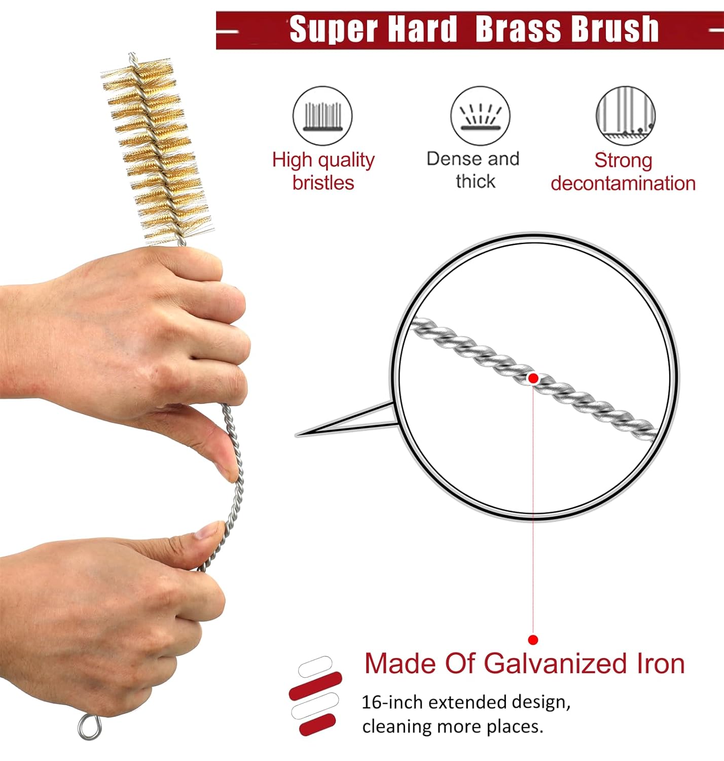 16 Inch Extra Long Pipe Cleaning Brush Set with Brass Bristles, 8 Piece Variety Pack for Auto