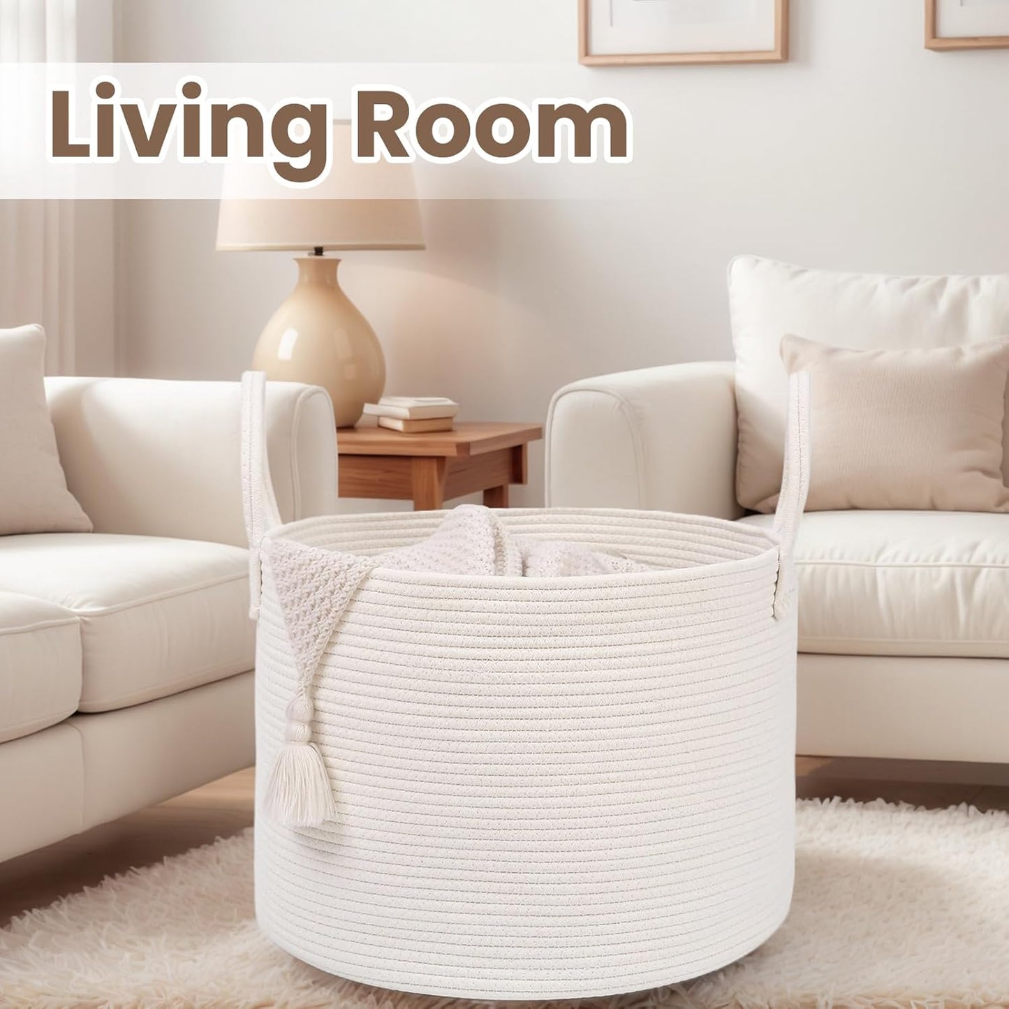 Woven Blanket Basket,65L Large Rope Storage Bin with Handles, Organizer for Blankets Toys Book and