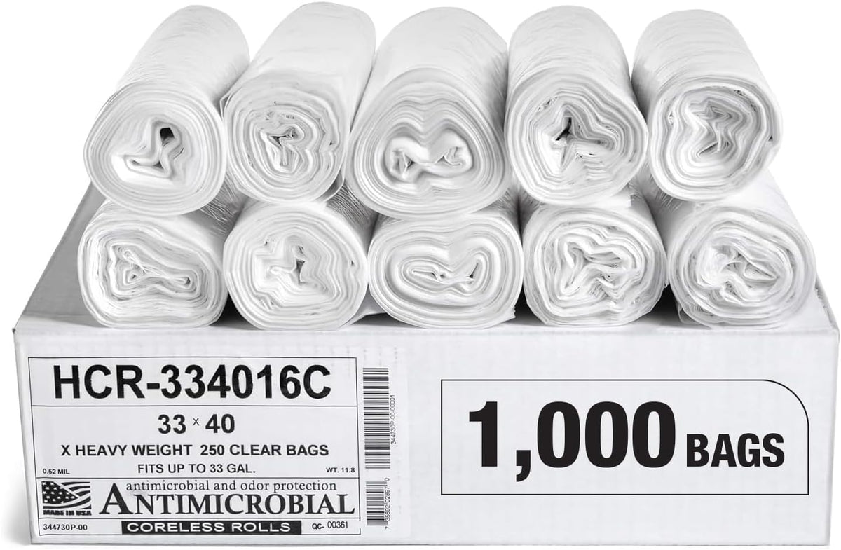 Aluf Plastics High Density Trash Bags, 33 Gallon, 1000 Count, 16 Micron (eq), 33" x 40", Clear, for