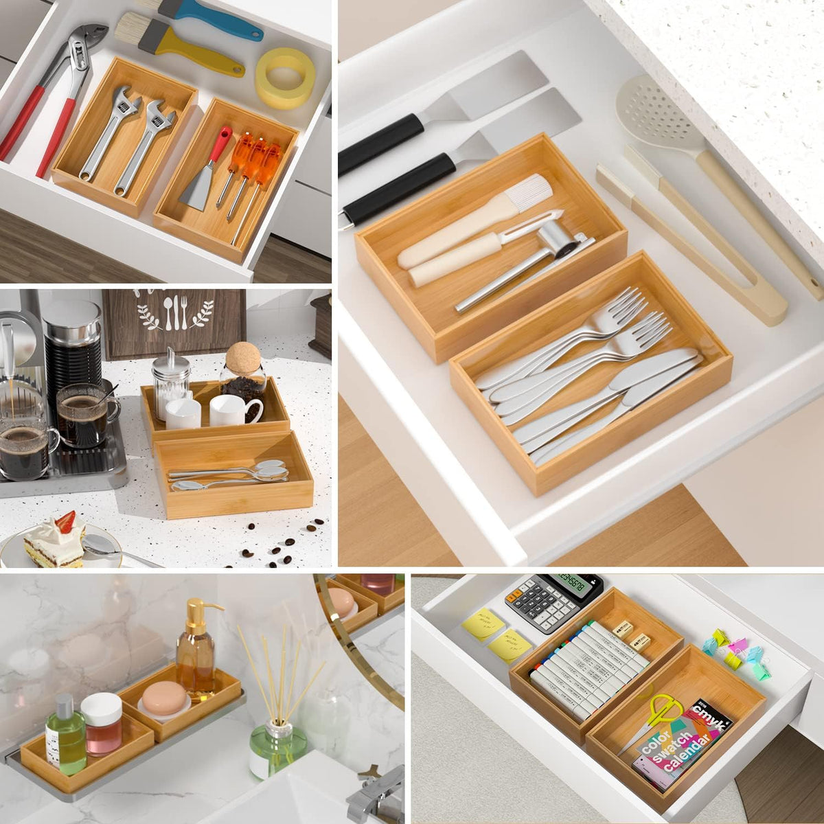Silverware Tray for Drawer, Stackable Kitchen Bamboo Drawer Organizer 9" x 6" x 2" Set of 2