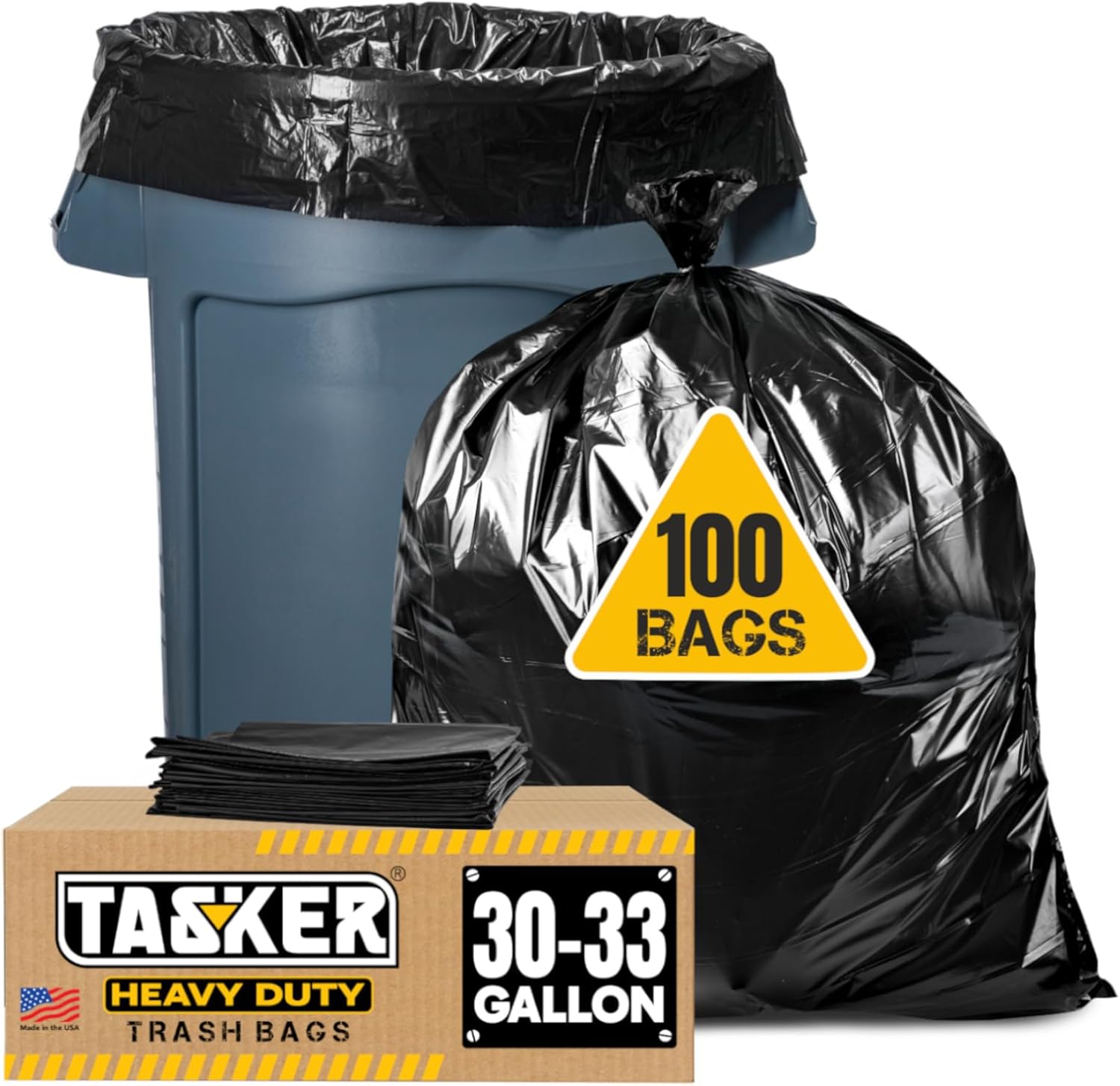 30-33 Gallon Trash Bags Heavy Duty (100 Bags w/Ties Value Pack), Large Black Trash Bags 30 Gallon