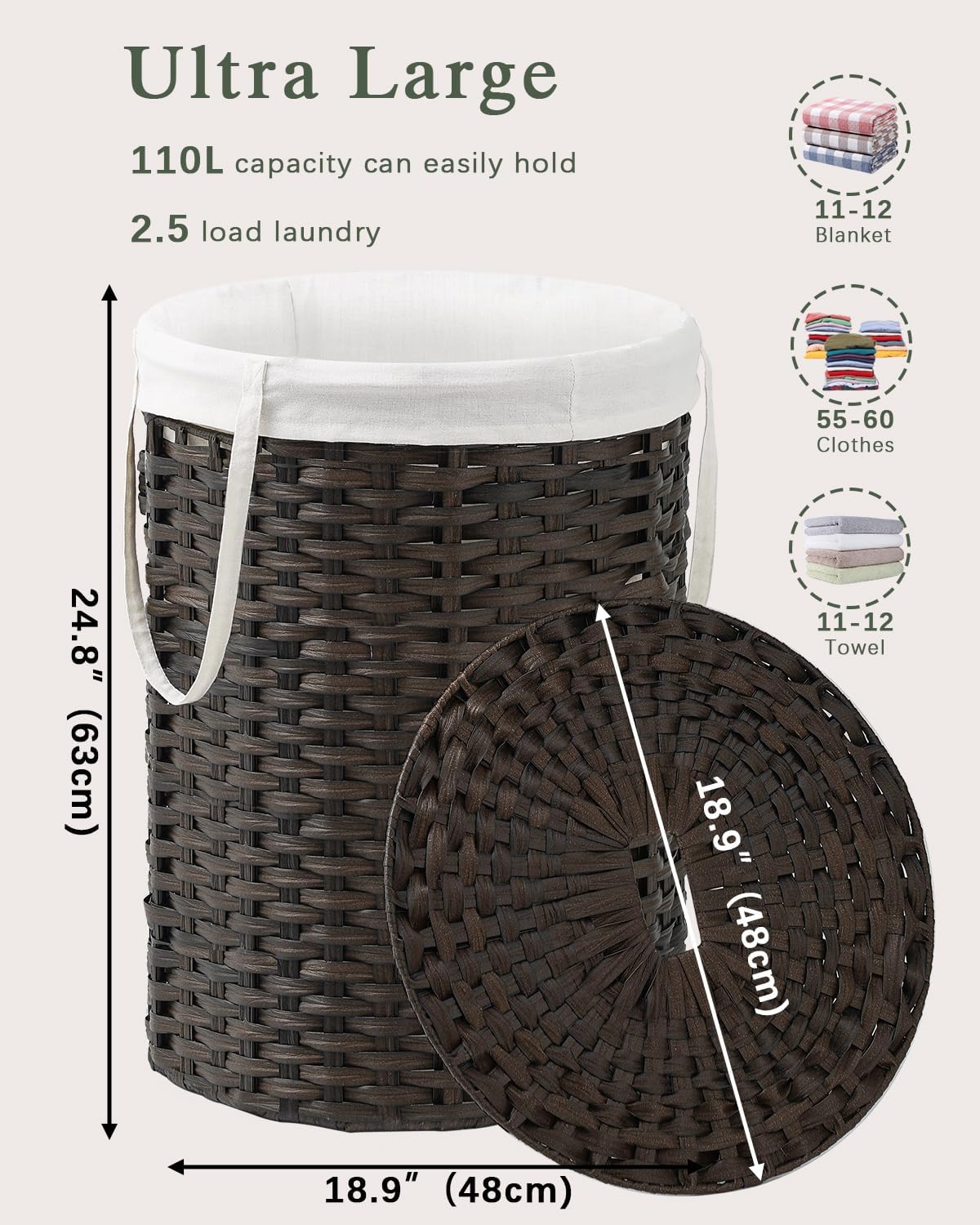 Laundry Basket with Lid Round Rattan Laundry Hamper with Lid and Handles 29.1 Gal (110 L) Handwoven