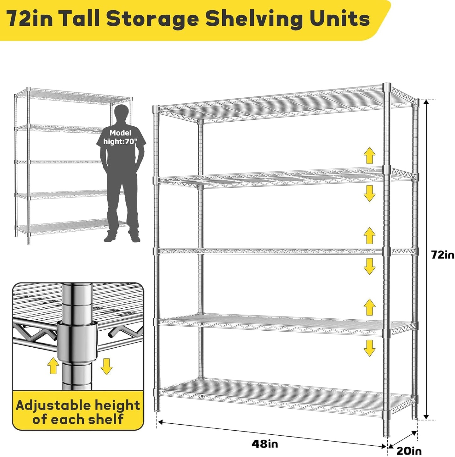 Storage Shelves, 48" L x 20" W x 72" H Heavy Duty Garage Wire Shelving Unit Loads 2000LBS, 5-Tier