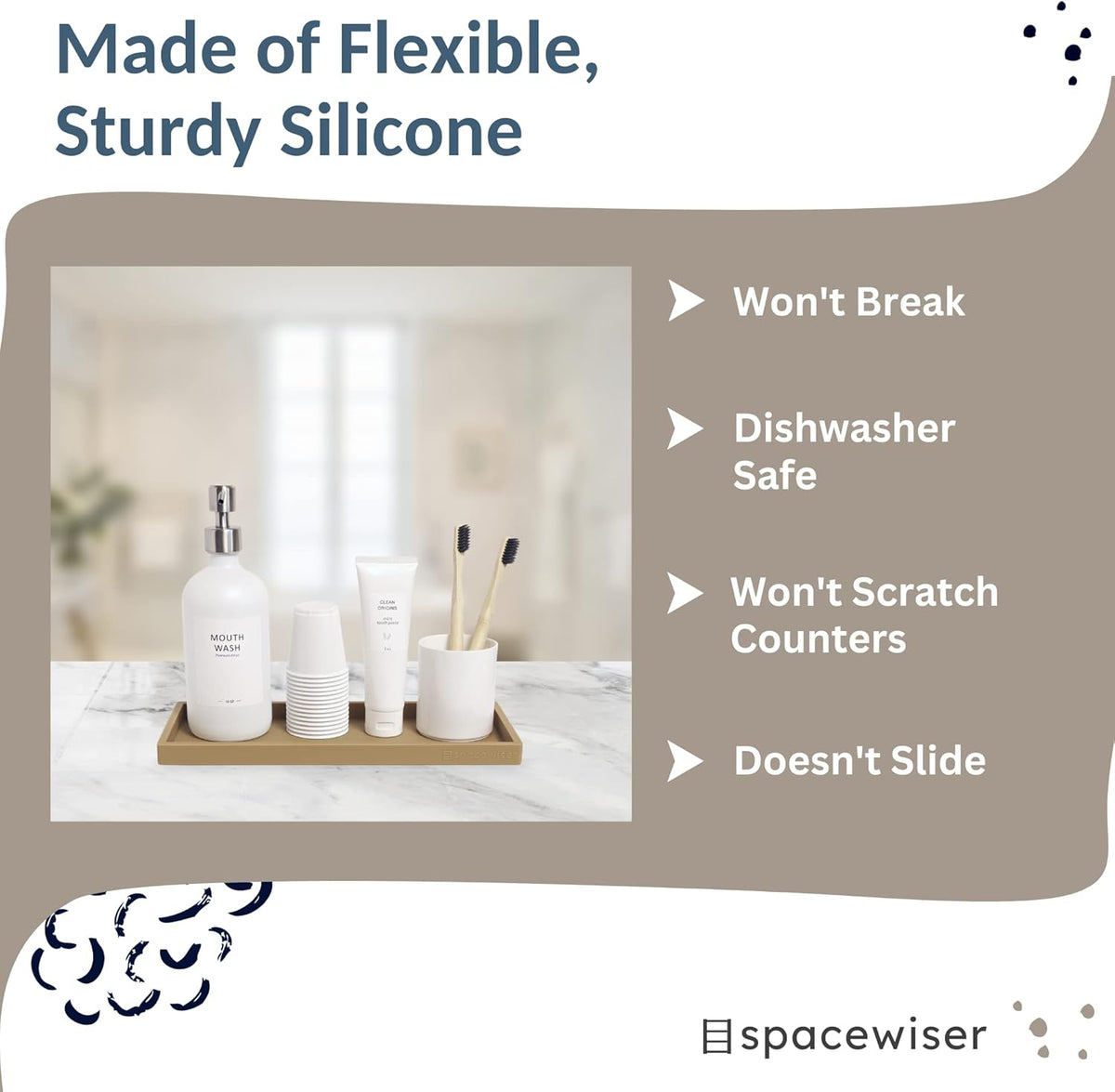 Countertop and Vanity Tray - 11.7" Silicone Bathroom Tray, Flexible Dish Soap Holder for Kitchen