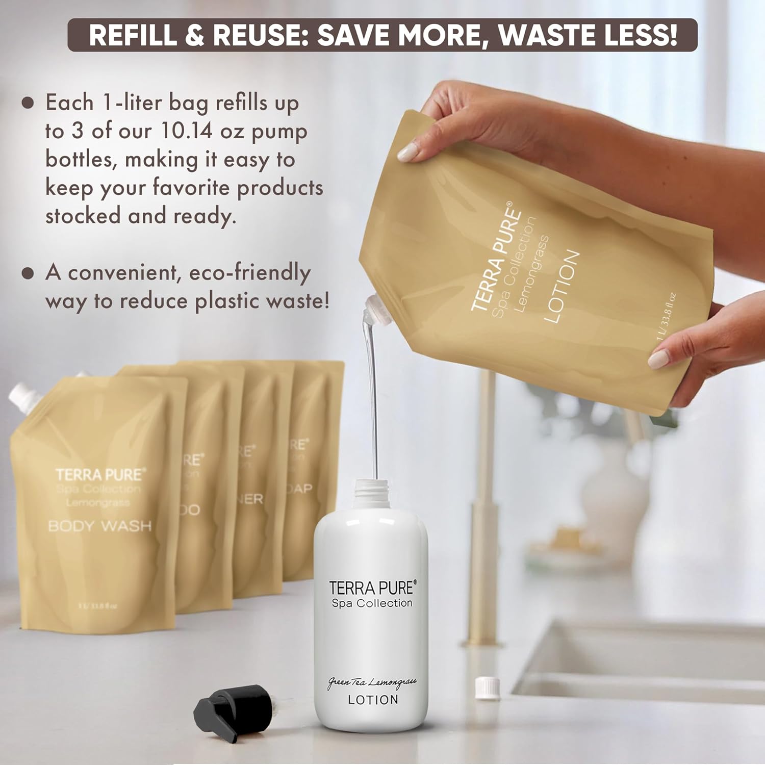 Terra Pure Spa Collection 1 Liter Lotion Refill Bag For Soap Dispensers | Bulk Toiletries for