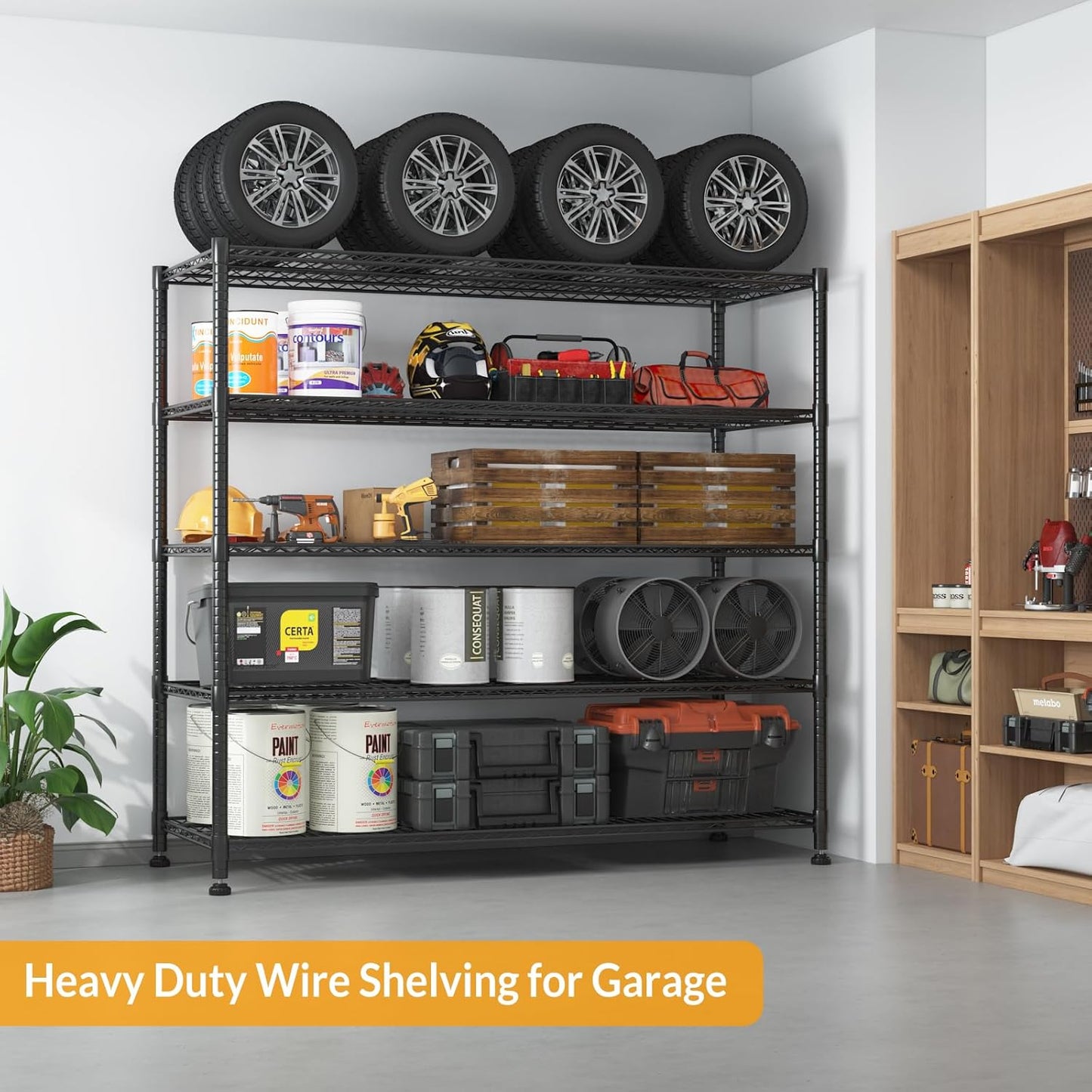 Himimi Storage Shelves with Wheels, 5-Tier Heavy Duty Steel Wire Rack Storage Shelving, Adjustable