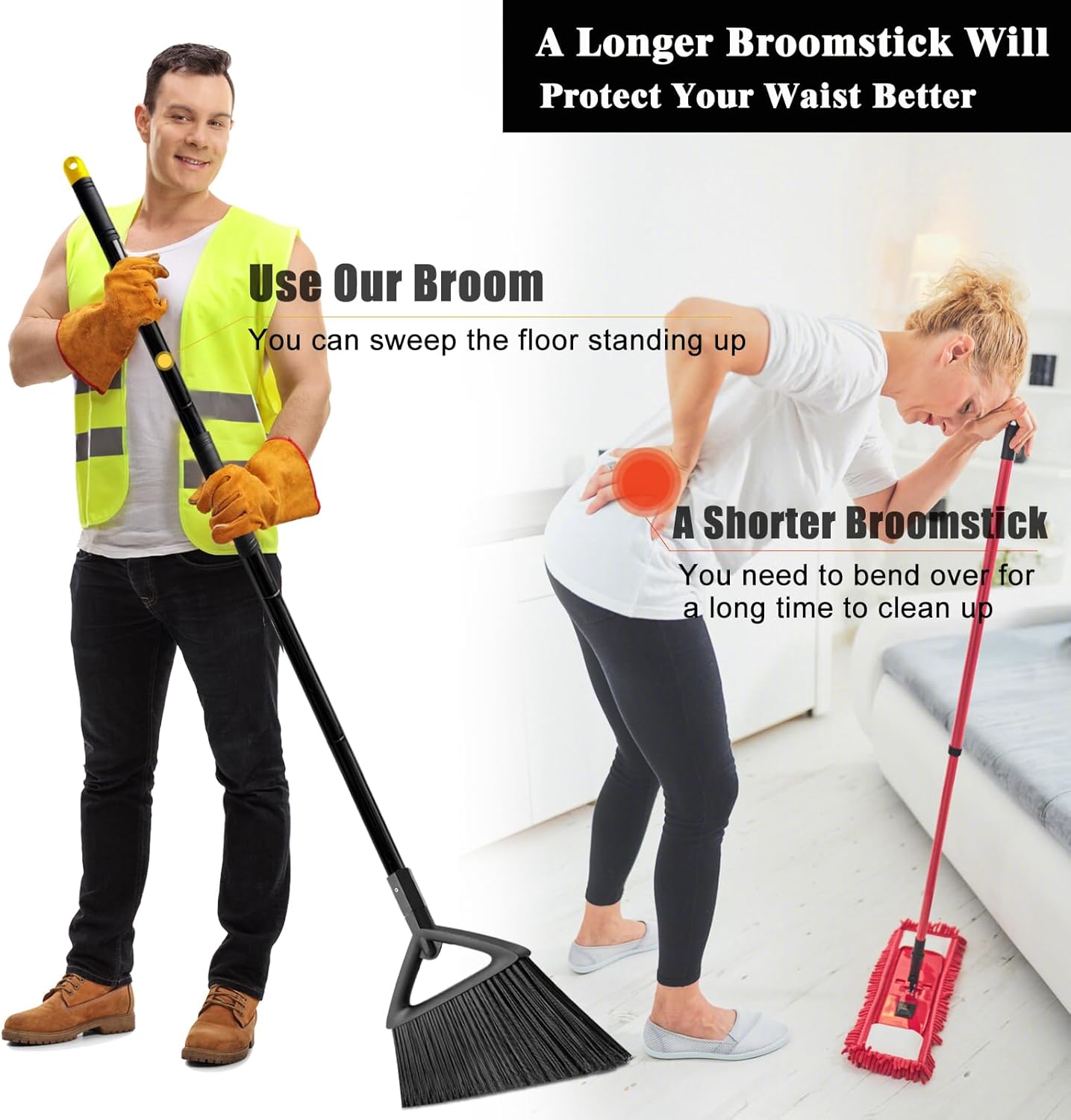 Heavy Duty Broom Outdoor Indoor, Upgraded Commercial Angle Brooms, Black Broom for Sweeping House