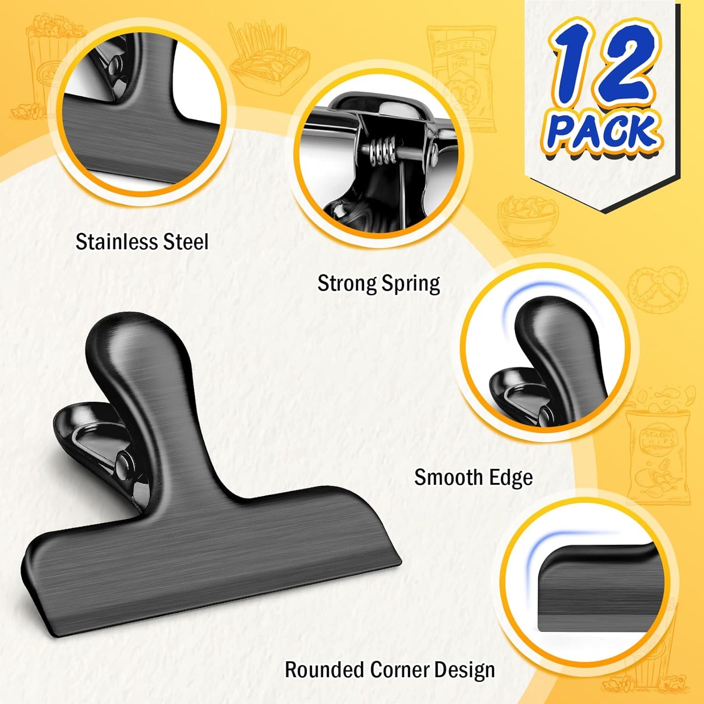 VNDUEEY 12 Pack Stainless Steel Chip Clips, Bag Clips for Food, Heavy Duty Chip Clip for Kitchen