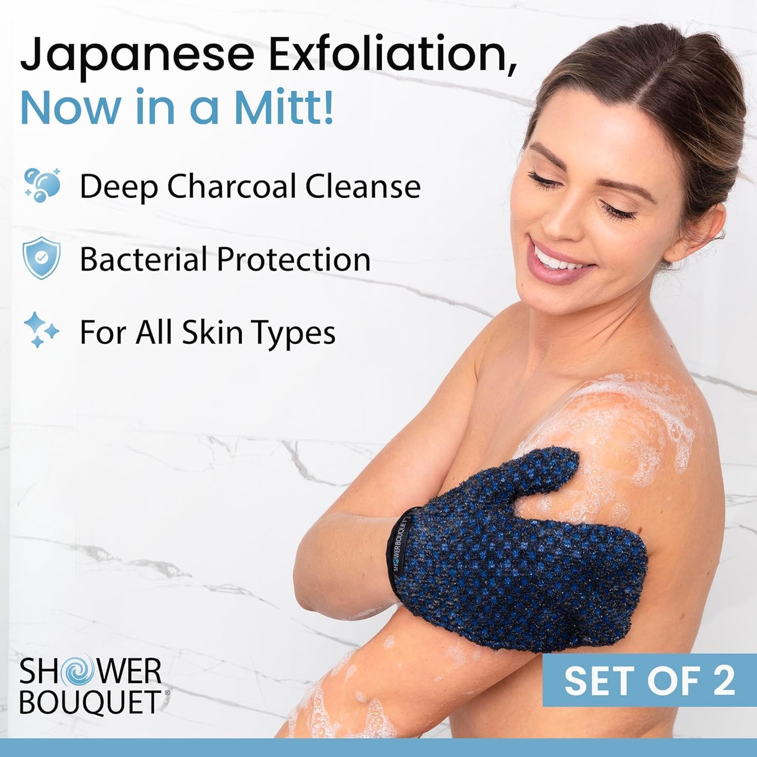 Japanese Exfoliating Mitt 2-Pack - Charcoal & Silver Ion Exfoliating Gloves for Shower - Soft Inner
