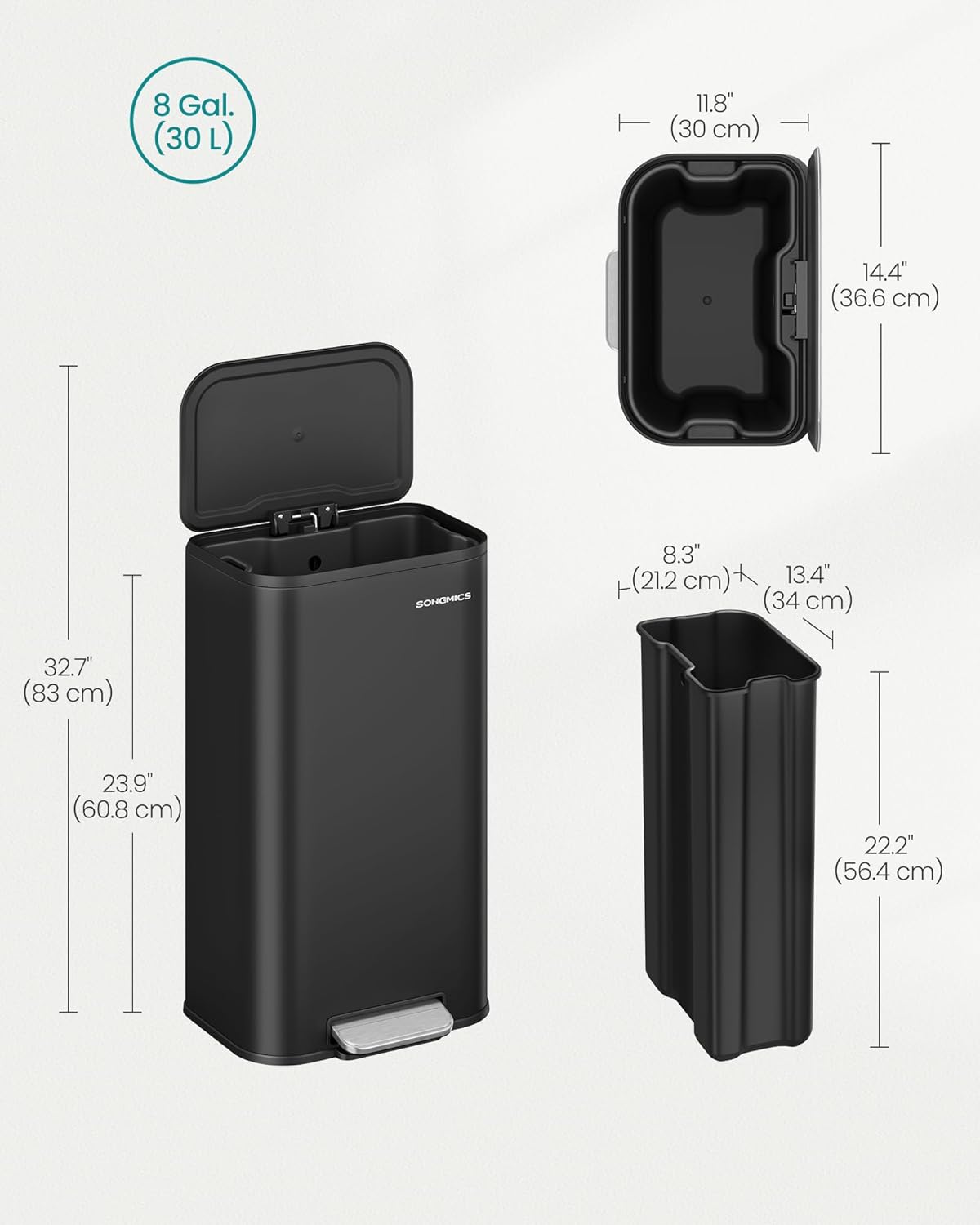 SONGMICS Kitchen Trash Can, 8-Gallon (30 L) Garbage Can with Lid, Stainless Steel, Soft Close and