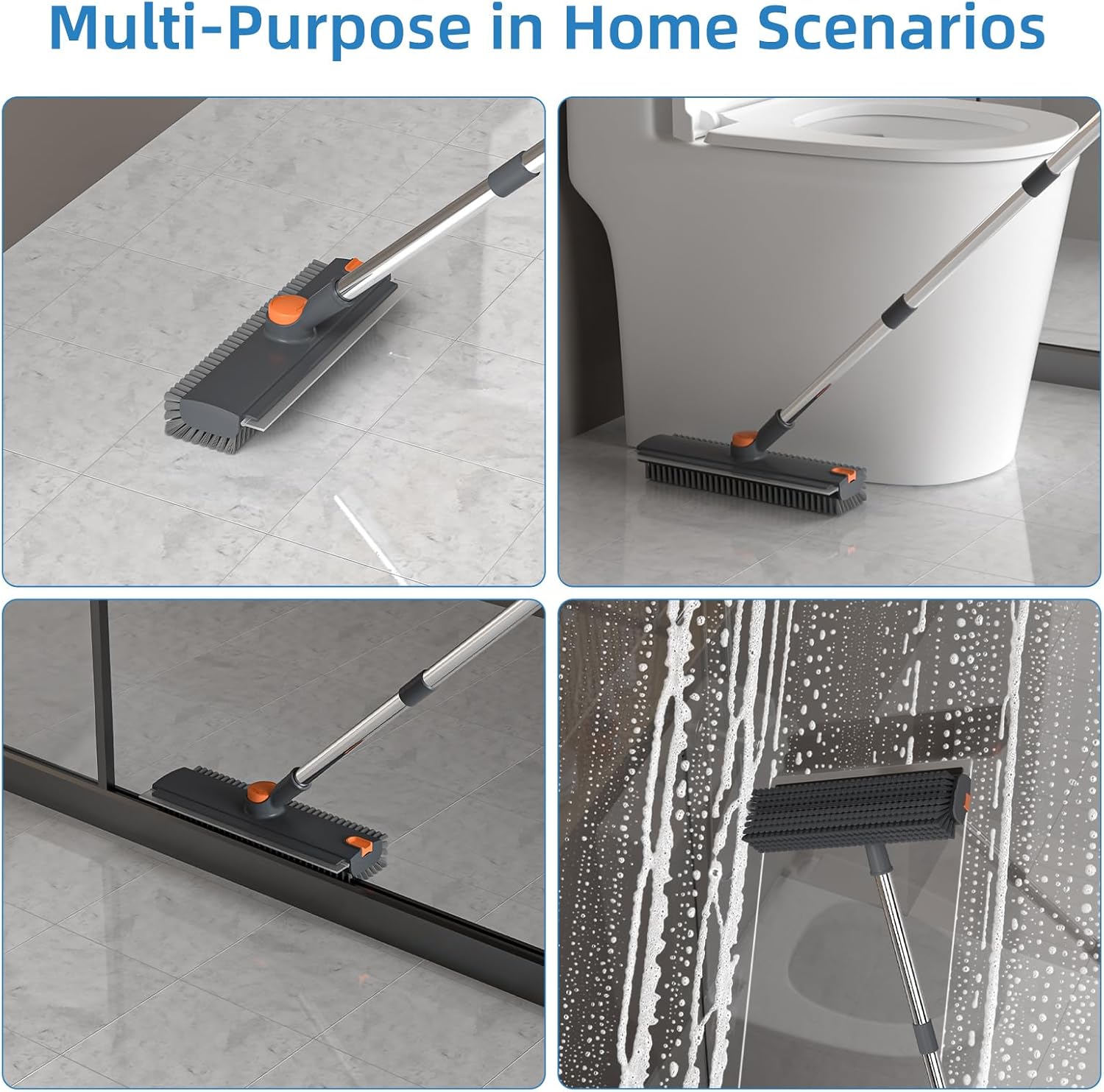 Scrub Brush with Long Handle, Floor Scrub Brush Squeegee Broom for Cleaning, 3 in 1 Shower Scrubber