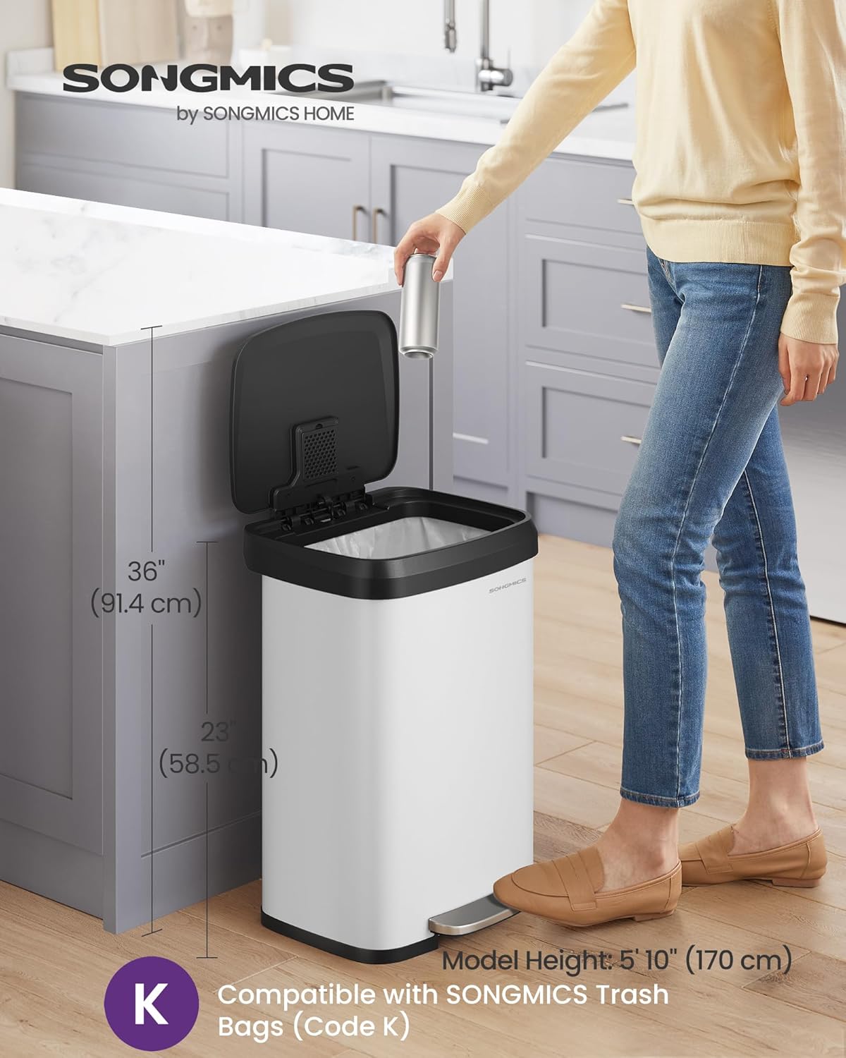 SONGMICS Kitchen Trash Can, 13 Gallon (50 L) Stainless Steel Garbage Can, with Stay-Open Lid and