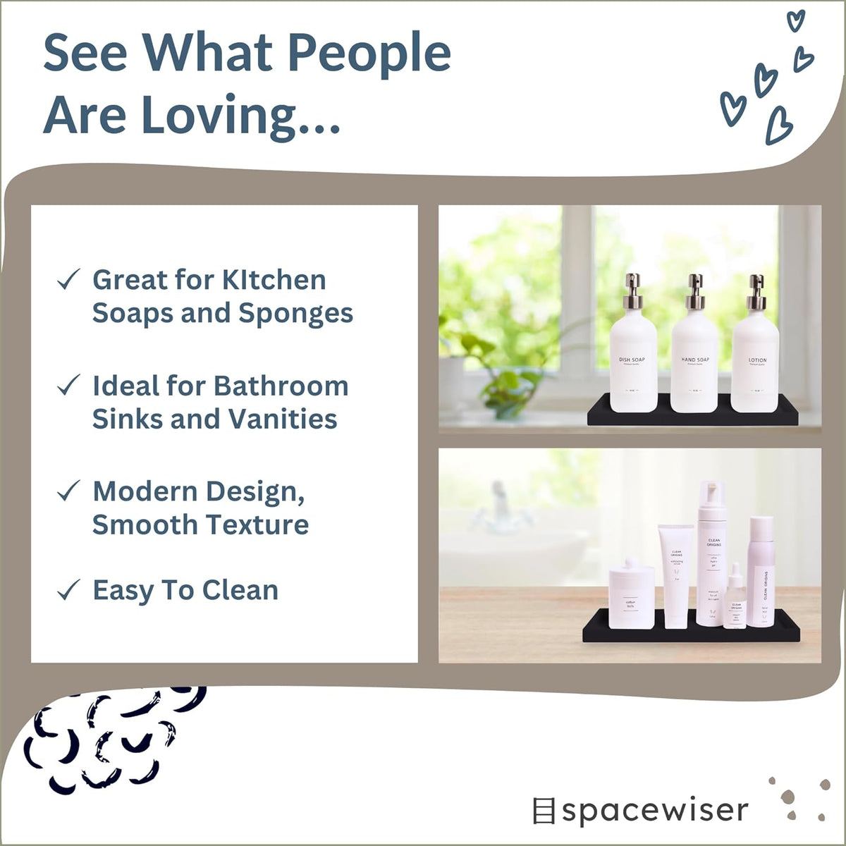Countertop and Vanity Tray - 2 PC Large 11.7" Silicone Bathroom Trays, Counter Organizer, Dish Soap