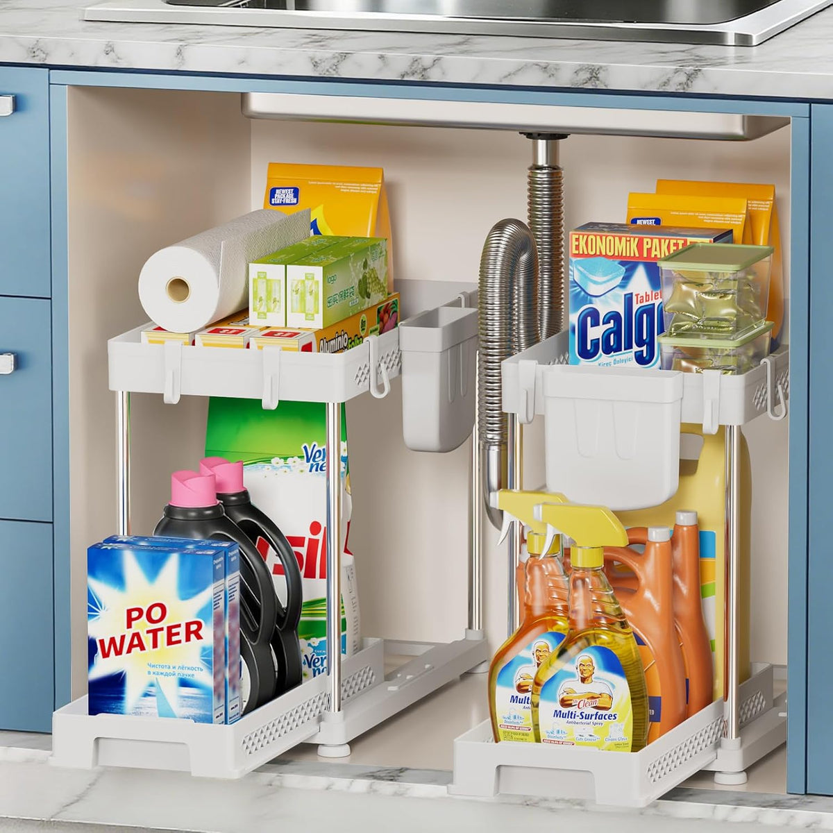 Under Sink Organizer, 2 Tier Pull Out Cabinet Organizer with Hooks Hanging Cup, Easy Installation &