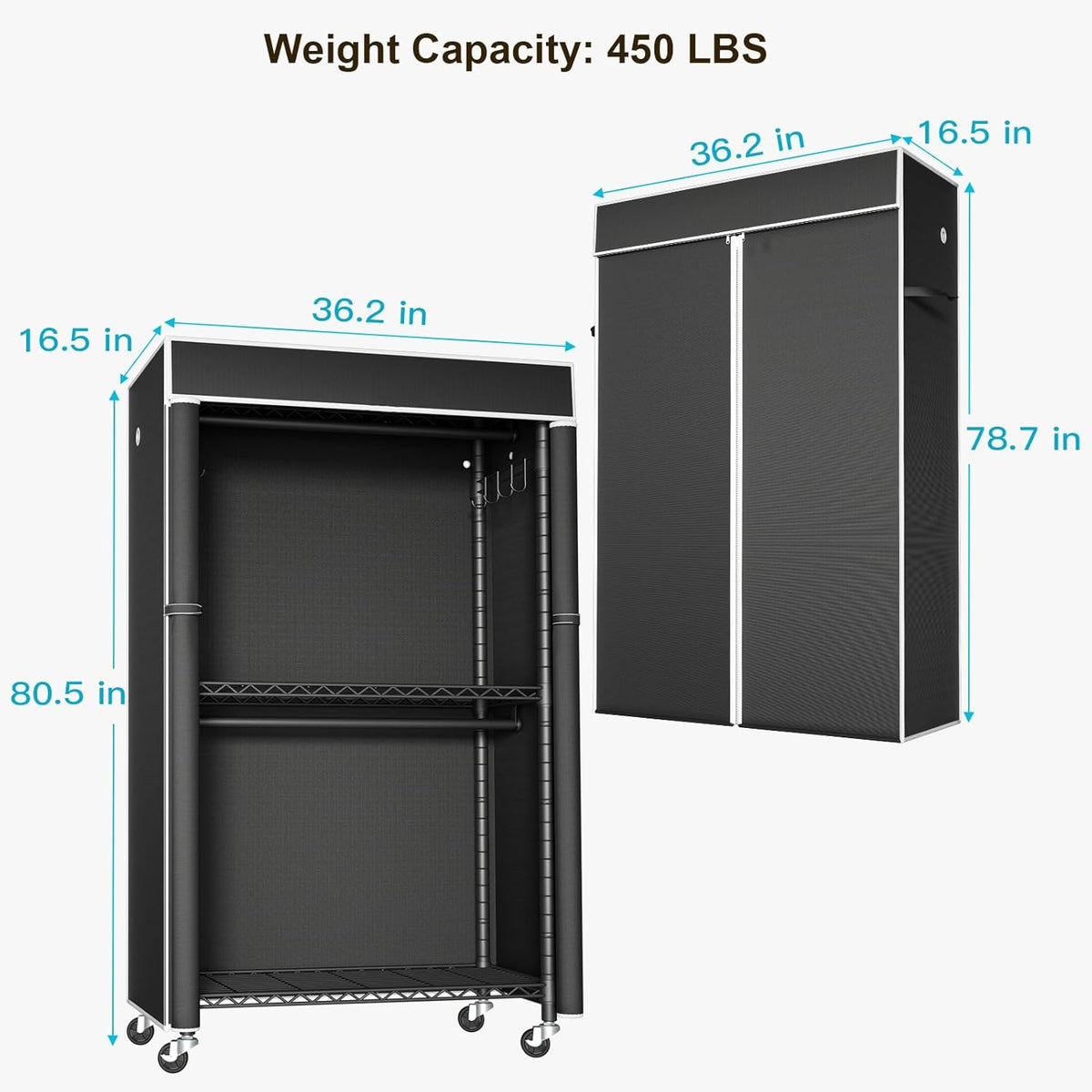 FUTASSI Clothing Rack with Cover, P1C Rolling Closets with Wheels, Metal Garment Rack for Hanging