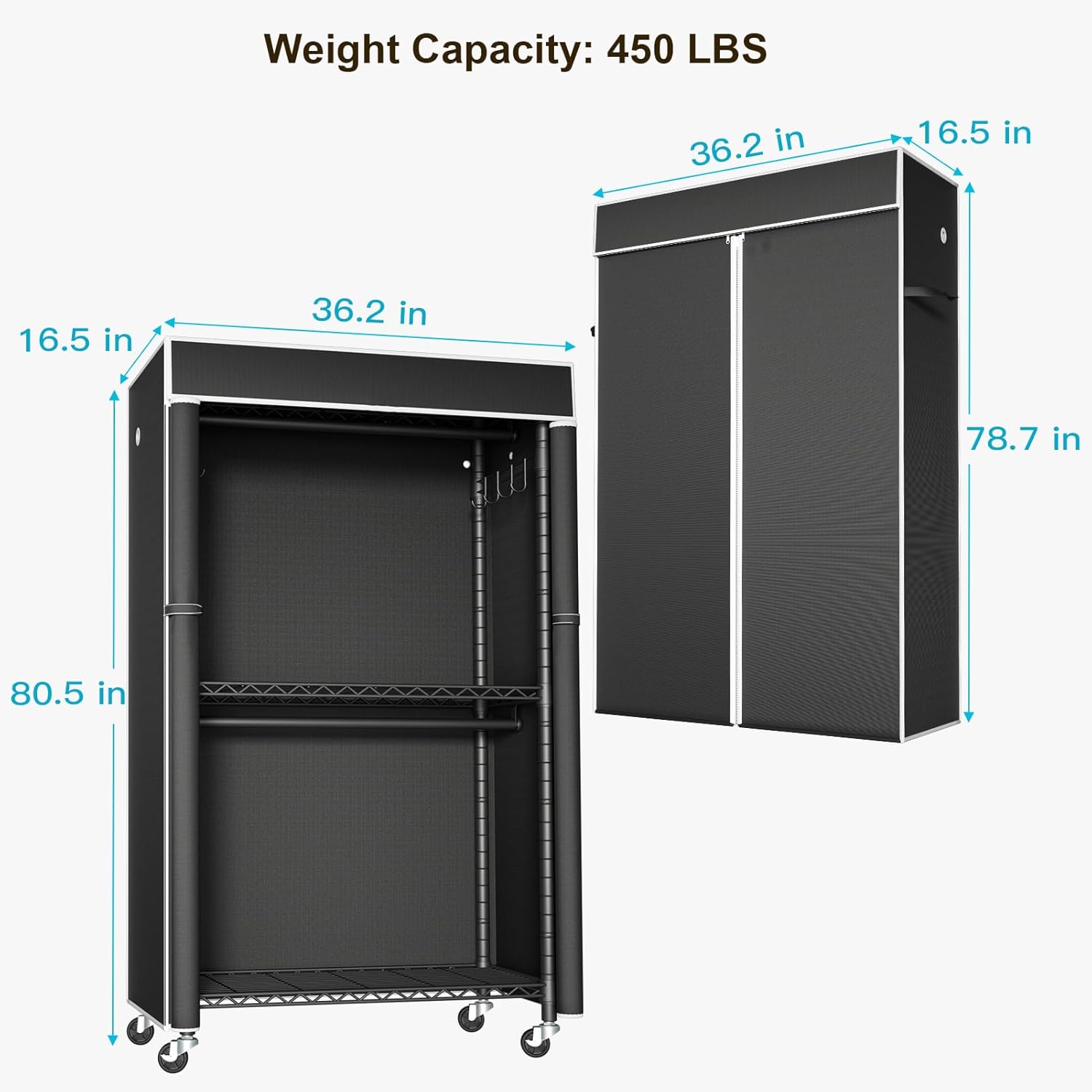 FUTASSI Clothing Rack with Cover, P1C Rolling Closets with Wheels, Metal Garment Rack for Hanging