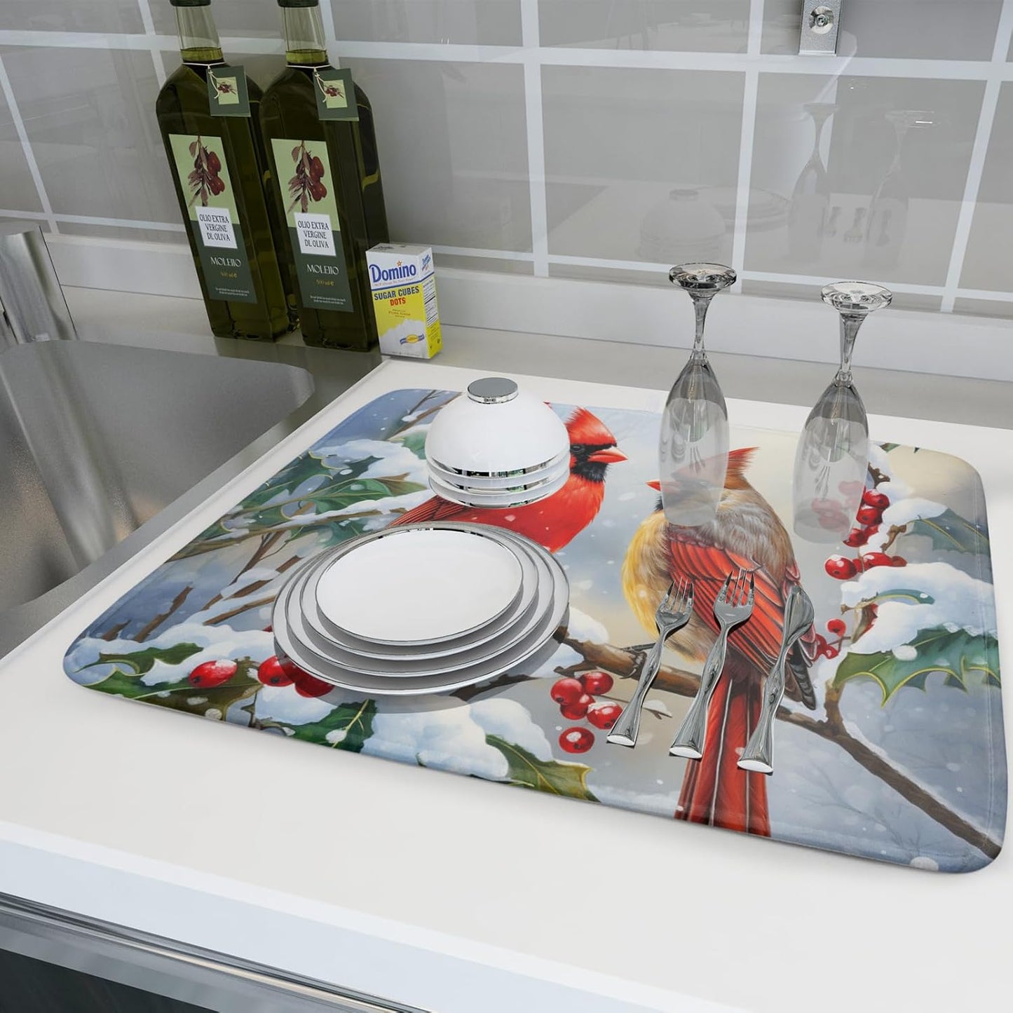 Winter Cardinals Dish Drying Mat for Kitchen Counter - Absorbent Reversible Microfiber Pad, Drainer