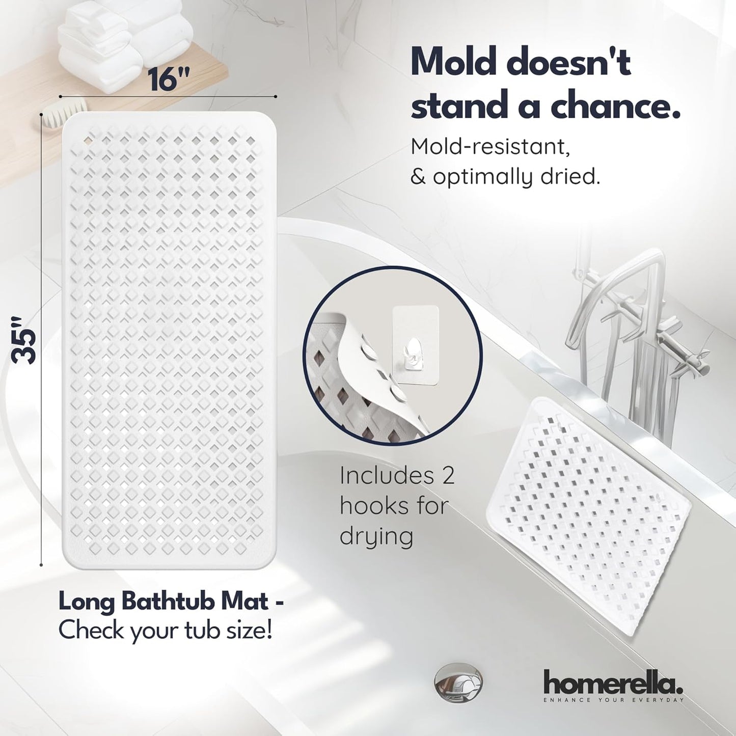 homerella® Bathtub Mat Non Slip 35x16, Incl. Hooks for Drying, Extra Long, 100% BPA Free, Shower