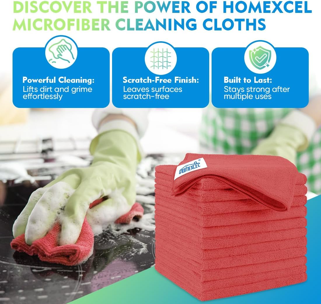 HOMEXCEL Red Microfiber Cleaning Cloth 12 Pack, 12.5 x 12.5 inch Microfiber Towels for Cars, Ultra
