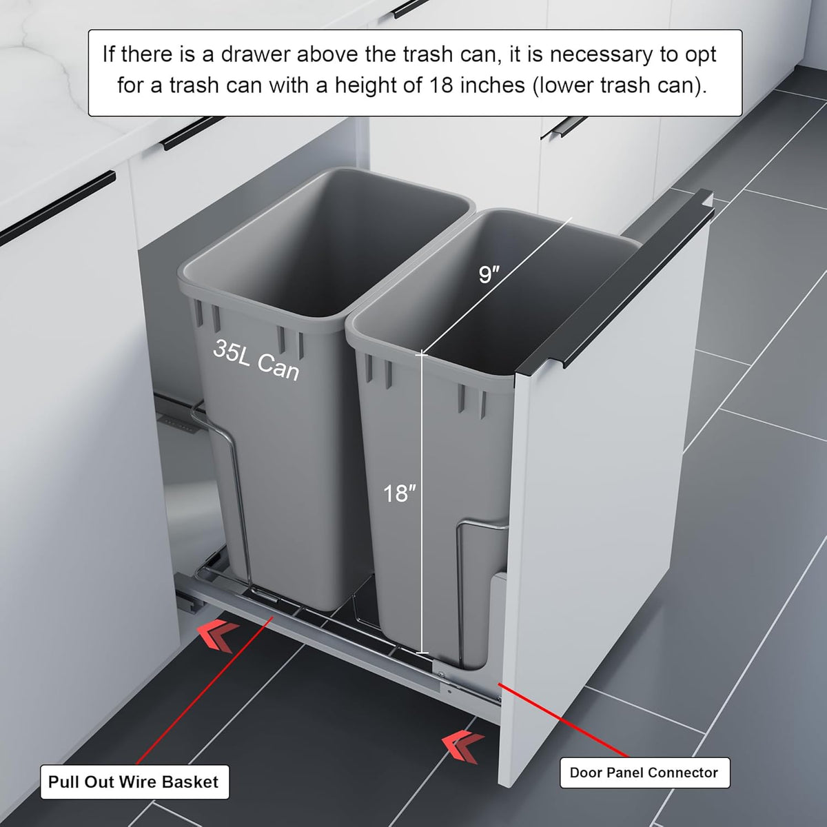 Dowell B18 Aluminum Base Wastebasket Pullout with Door Mount and Two 35Qt/9Gal Plastic Bins (4012