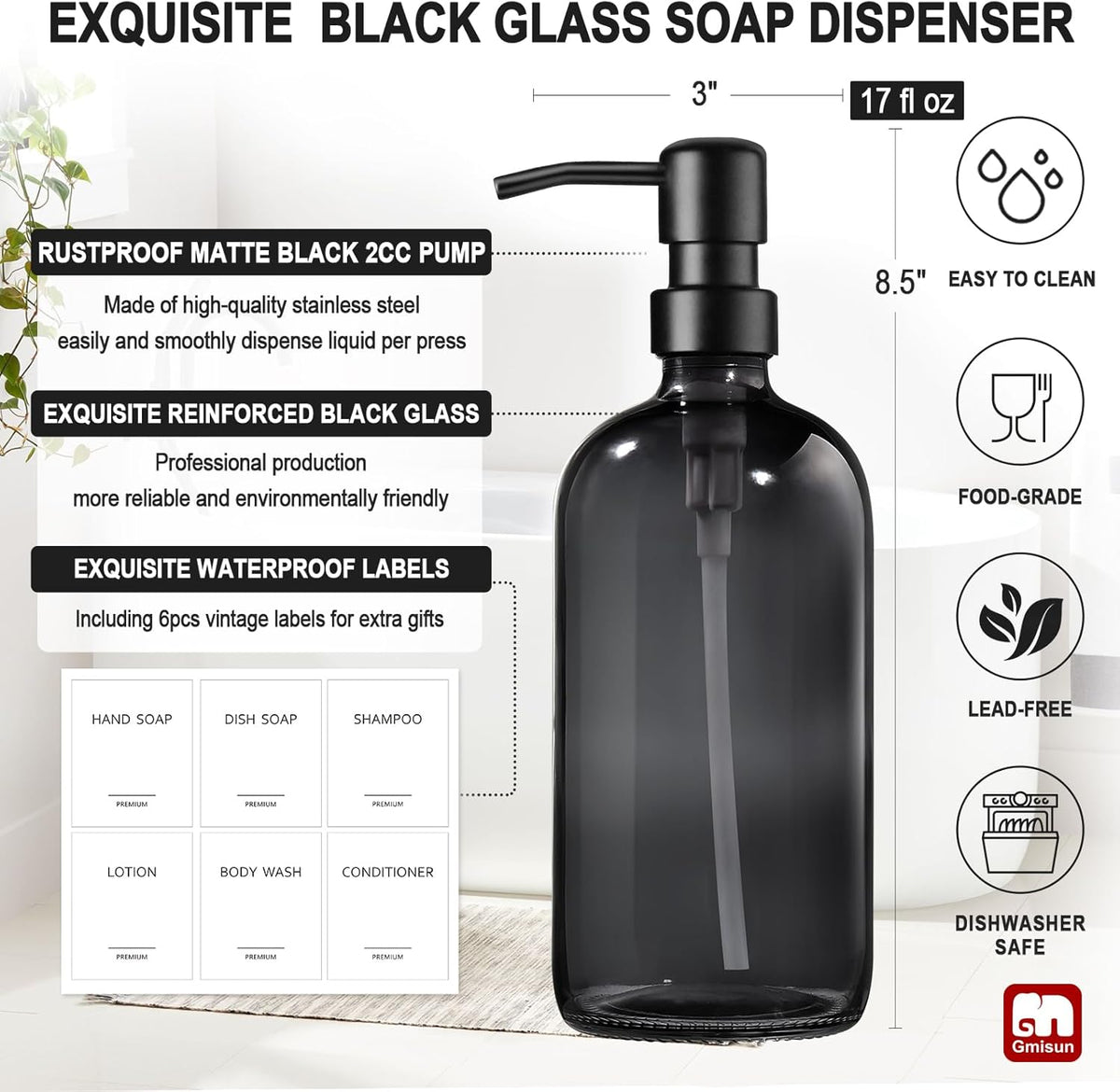GMISUN Black Soap Dispenser, 2 Pack Hand Soap Dispensers for Bathroom, 17 Fl Oz Dish Soap Dispenser