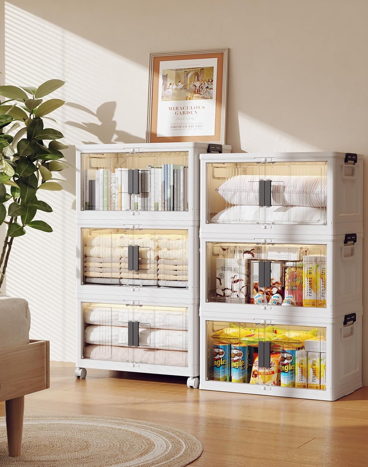 OlarHike 48QT Stackable Storage Bins with Lids - Folding Storage Boxes with Doors and Wheels