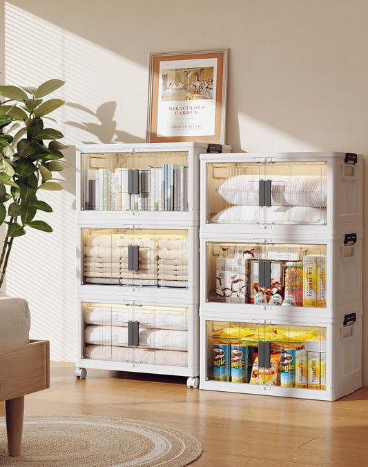 OlarHike 48QT Stackable Storage Bins with Lids - Folding Storage Boxes with Doors and Wheels
